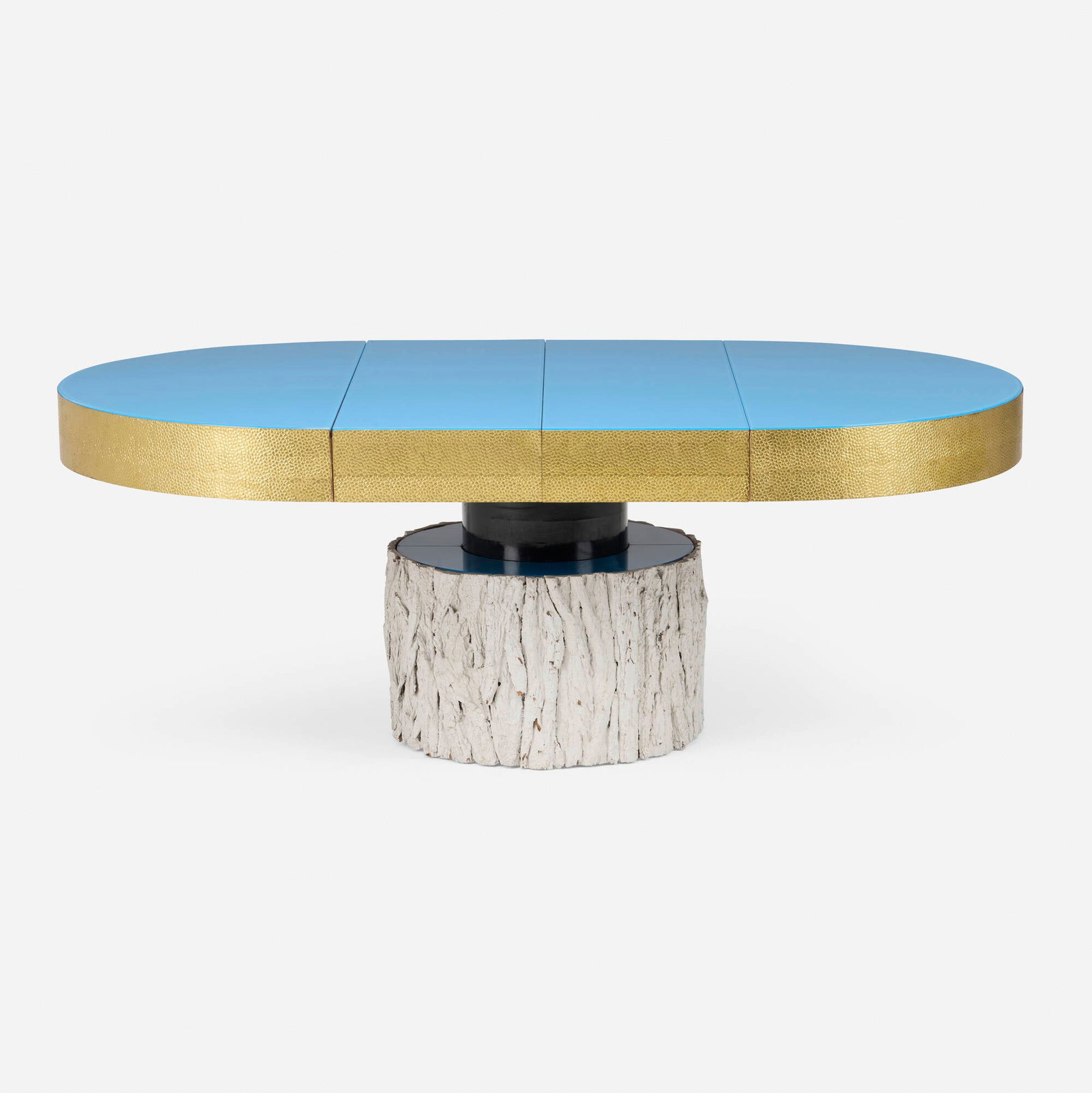 Italian, Custom dining table: Italian Custom dining table c. 1995 enameled and painted wood, brass, glass 29 h x 47.25 dia in (74 x 120 cm) Sold with two 16.5-inch leaves; table measures 80.25 inches when fully extended. This