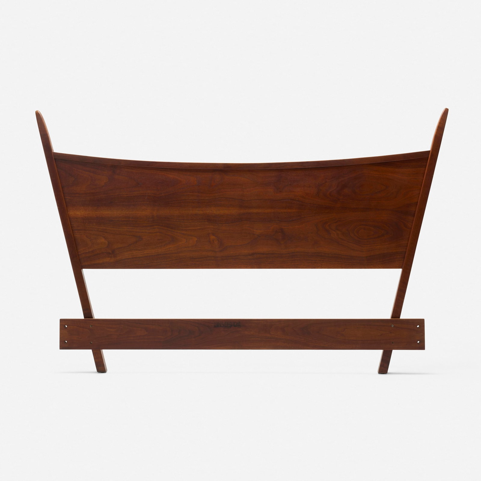 George Nakashima, Origins full-size headboard: George Nakashima Origins full-size headboard Widdicomb USA, c. 1958 walnut 43.5 h x 69 w x 2.625 d in (110 x 175 x 7 cm) Branded signature and number to stretcher bar 'x 292 5' George