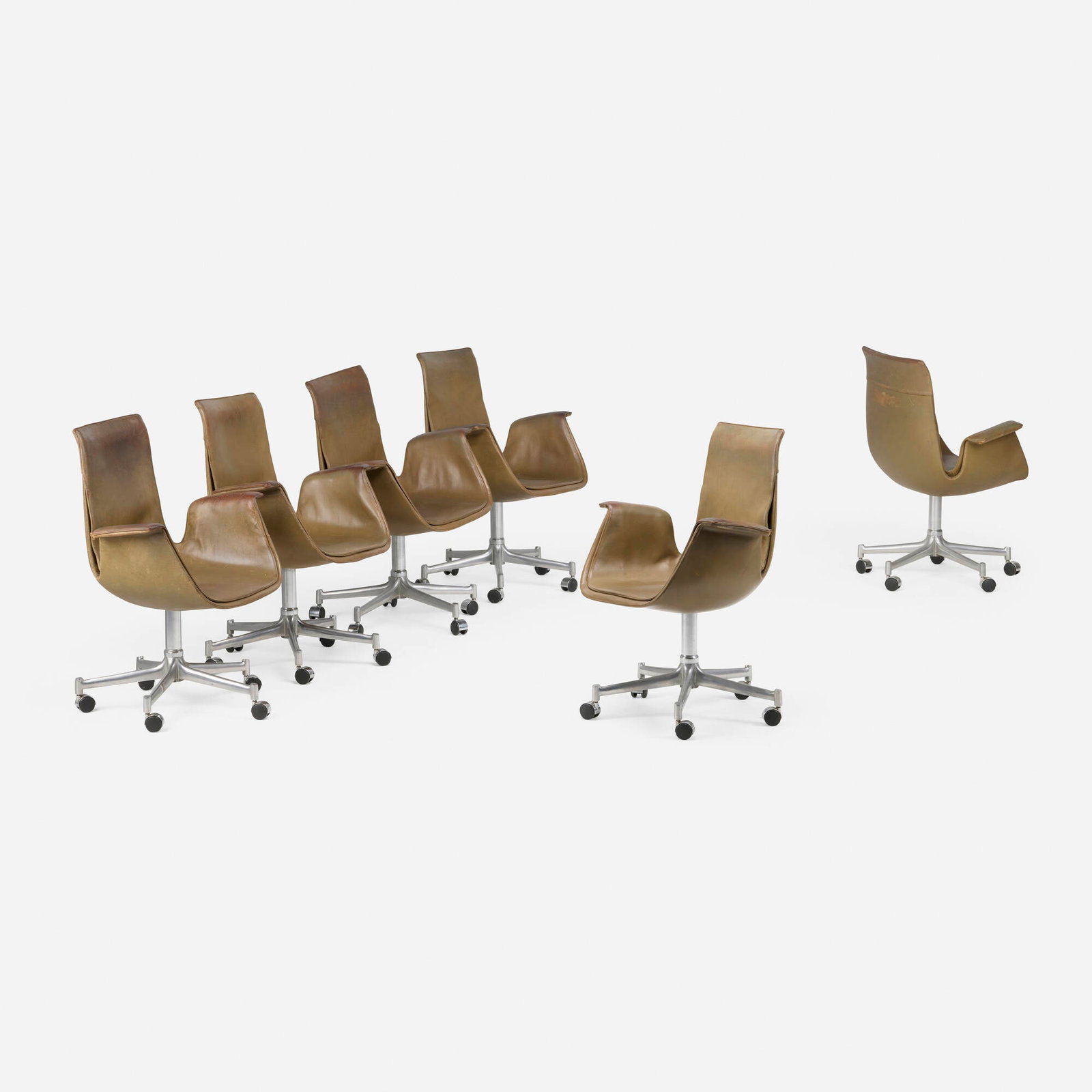 Preben Fabricius and Jorgen Kastholm, Bird chairs model FK6725, set of six: Preben Fabricius and Jorgen Kastholm Bird chairs model FK6725, set of six Kill International Denmark, c. 1970 leather, steel, aluminum 35.5 h x 27 w x 22 d in (90 x 69 x 56 cm) Decal manuf