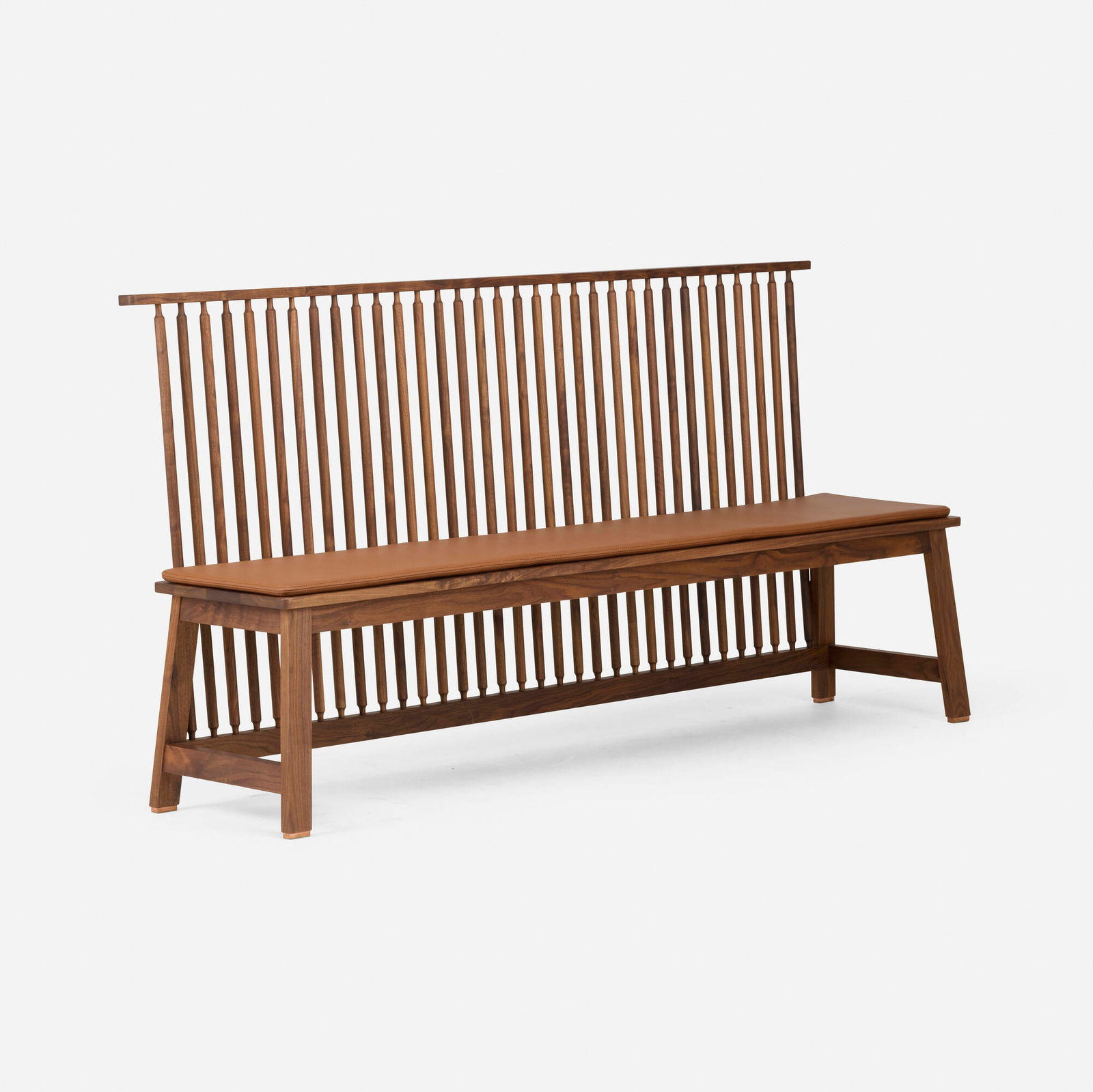 Studioilse, Bench with Back: Studioilse Bench with Back De La Espada United Kingdom / Portugal, c. 2021 walnut, leather upholstery, copper 37.25 h x 81.5 w x 18 d in (95 x 207 x 46 cm) Metal manufacturer's labels to