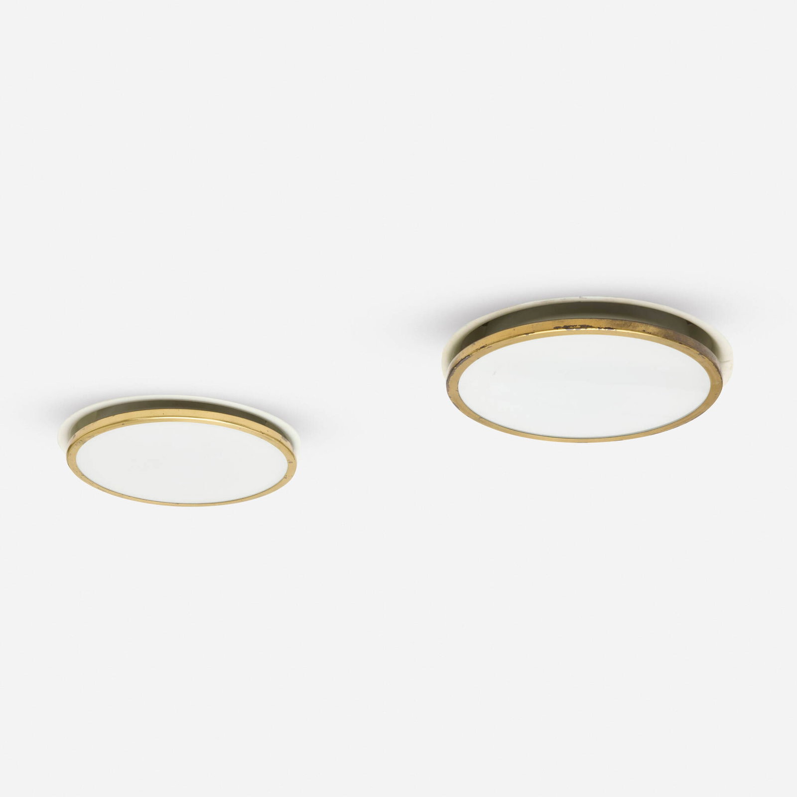 Arne Jacobsen, Munkegard ceiling lamps, pair: Arne Jacobsen Munkegard ceiling lamps, pair Louis Poulsen Denmark, 1955 / c. 1975 opaline glass, enameled aluminum, brass-plated copper 5.25 h x 9.875 dia in (13 x 25 cm) Literature: Arne Jacobsen,