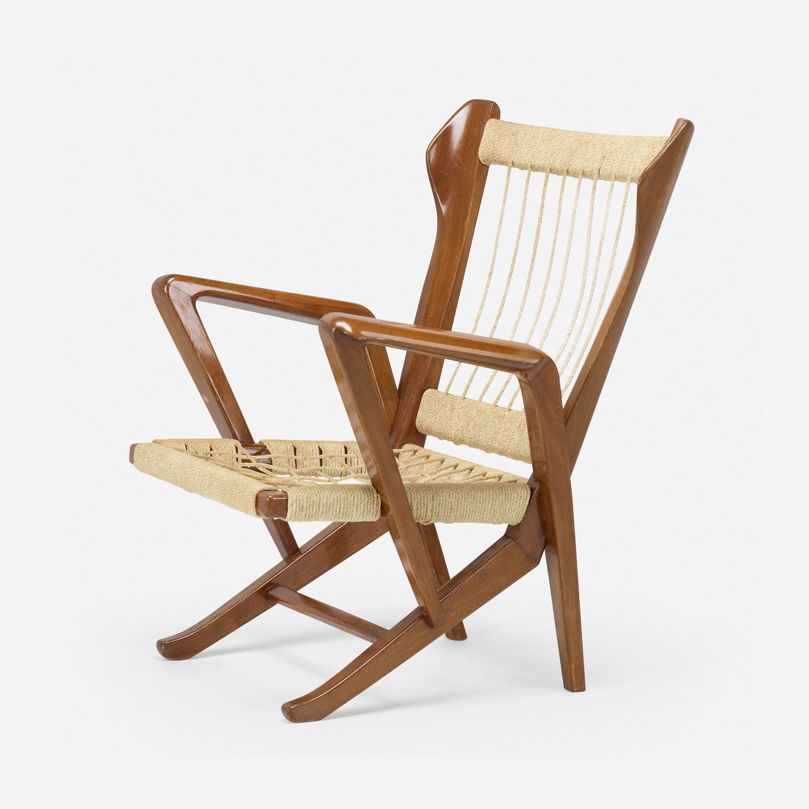 Guglielmo Pecorini, Armchair: Guglielmo Pecorini Armchair Edizioni I Due Forni Italy, c. 1942 walnut, rope 37.75 h x 31 w x 27 d in (96 x 79 x 69 cm) Provenance: Private Collection This work will ship from Lambertville, New