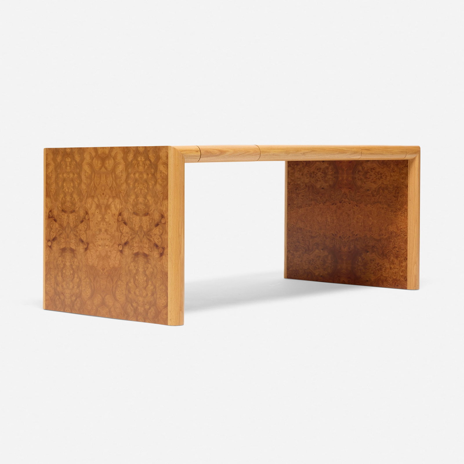 Modern, Custom desk: Modern Custom desk late 20th century oak, burl wood 30 h x 72 w x 36 d in (76 x 183 x 91 cm) Desk features two drawers. This work will ship from Los Angeles, California.