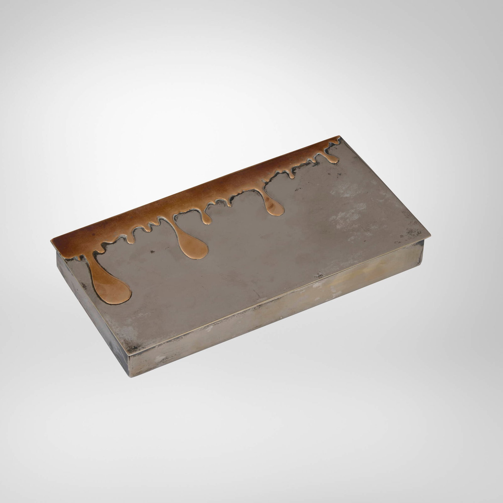 Modern, Cigarette box: Modern Cigarette box silver- and copper-plated brass, cherry 1 h x 8.125 w x 4.125 d in (3 x 21 x 10 cm) Raised mark to interior of lid 'A'. This work will ship from Lambertville, New