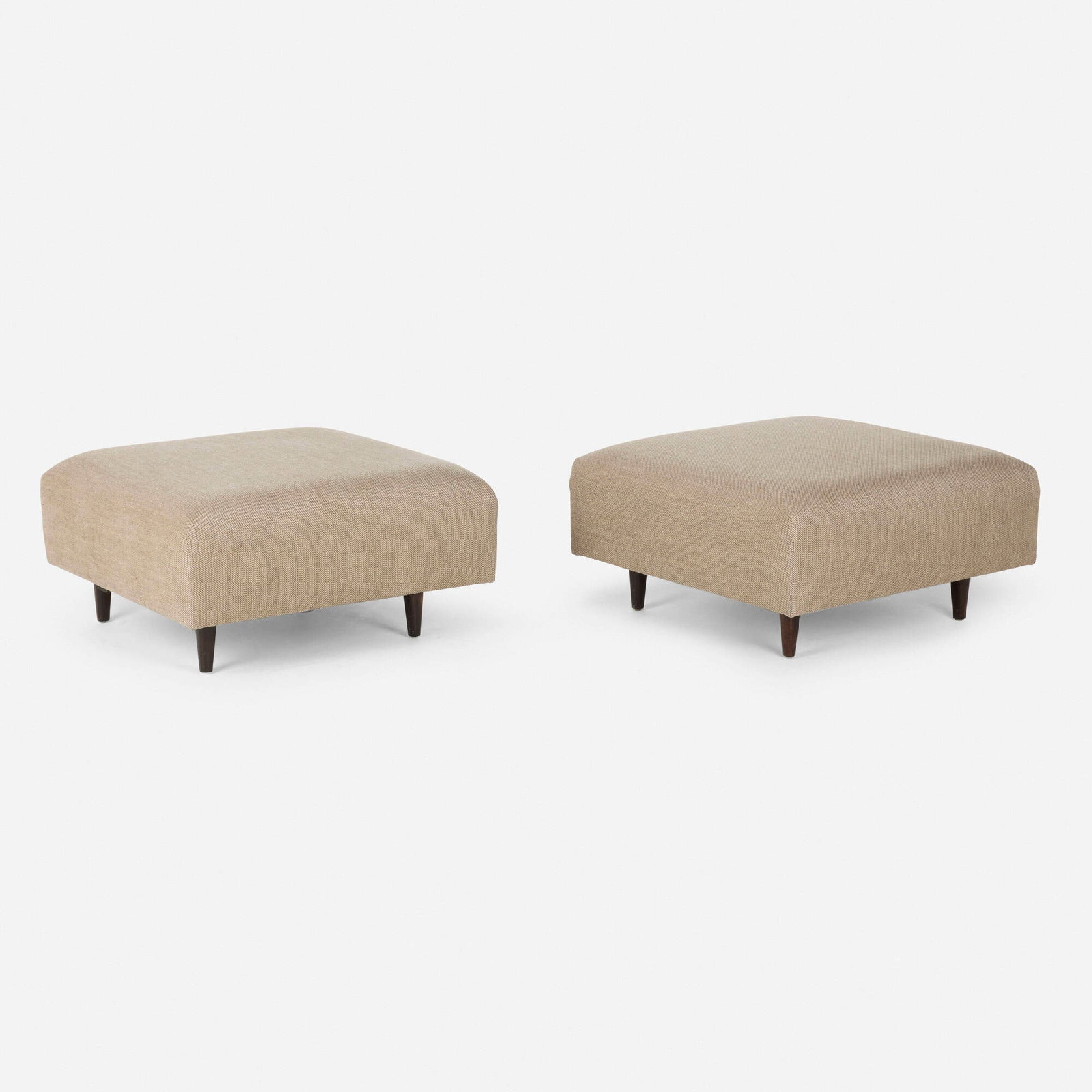 Wendy Evans Joseph, Custom ottomans, pair: Wendy Evans Joseph Custom ottomans, pair USA, c. 1990 upholstery, mahogany 18 h x 35.5 w x 35.5 d in (46 x 90 x 90 cm) Provenance: Collection of Peter T. Joseph and Wendy Evans