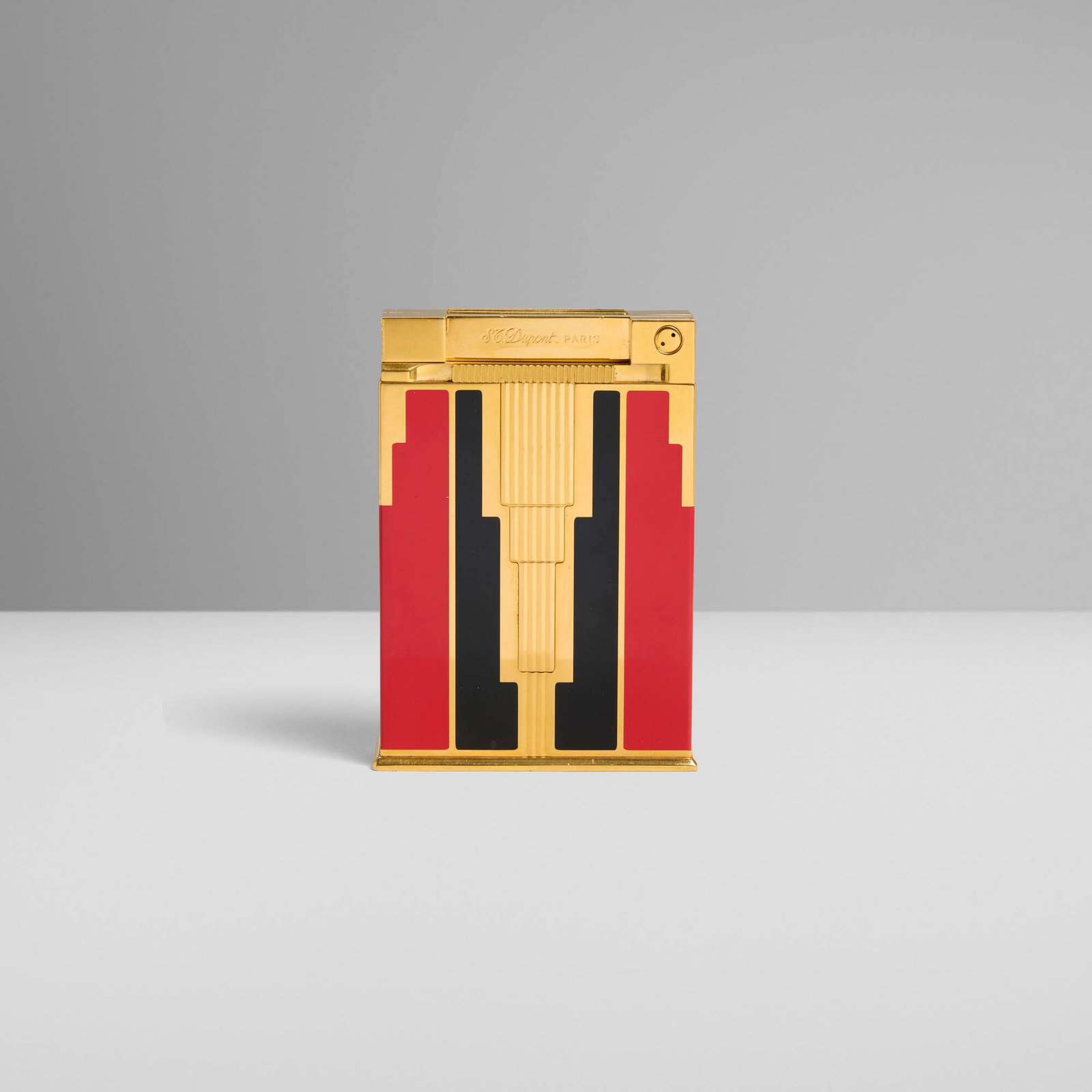 S.T. Dupont, Art Deco 1996 jeroboam table lighter: S.T. Dupont Art Deco 1996 jeroboam table lighter France, 1996 lacquer, gold-plated metal 4 h x 2.75 w x 1 d in (10 x 7 x 3 cm) Impressed manufacturer's mark and number '223/500 S.T. D