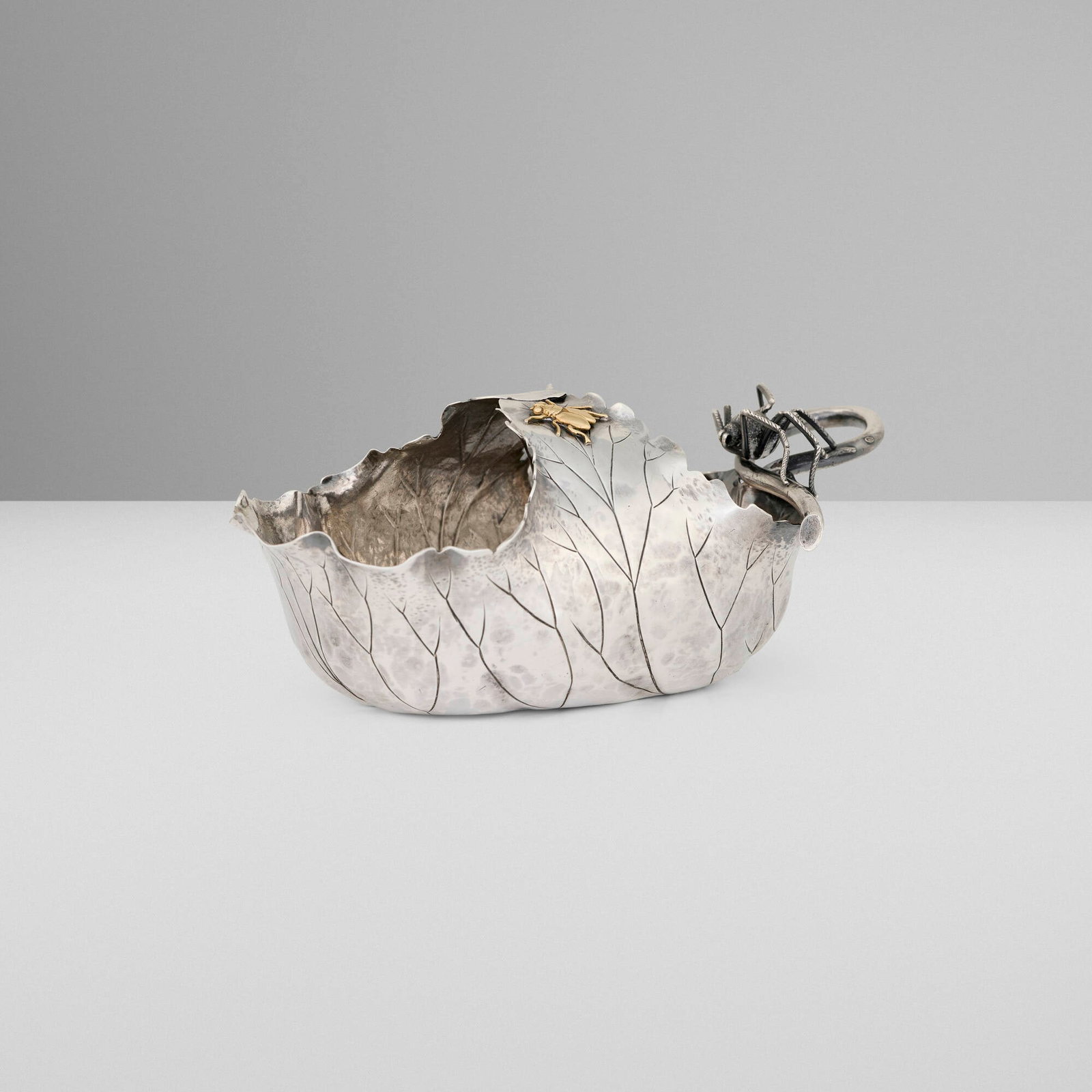 George W. Shiebler & Co., Aesthetic Movement leaf-form dish with spider and fly: George W. Shiebler & Co. Aesthetic Movement leaf-form dish with spider and fly New York, USA, c. 1895 sterling silver, bronze 2.625 h x 6.5 w x 3.5 d in (7 x 17 x 9 cm) The present work was ret