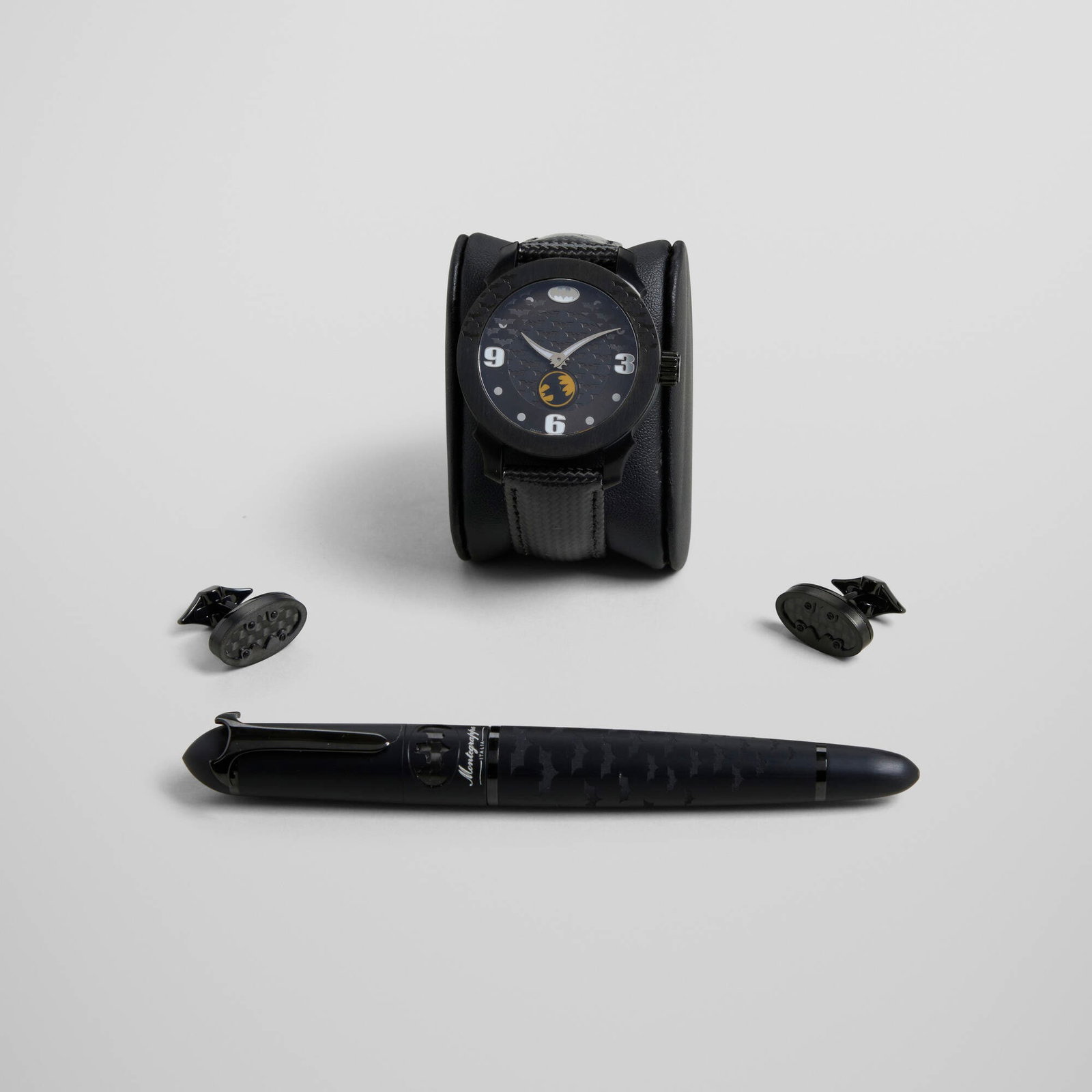 Montegrappa, The Batman men's accessory set from the Cult series: Montegrappa The Batman men's accessory set from the Cult series Italy / Switzerland, 2022 lacquer, aluminum, stainless steel, glass, carbon fiber 5.5 h x 0.5 dia in (14 x 1 cm) 0.5 h x 1 w x 1 d in