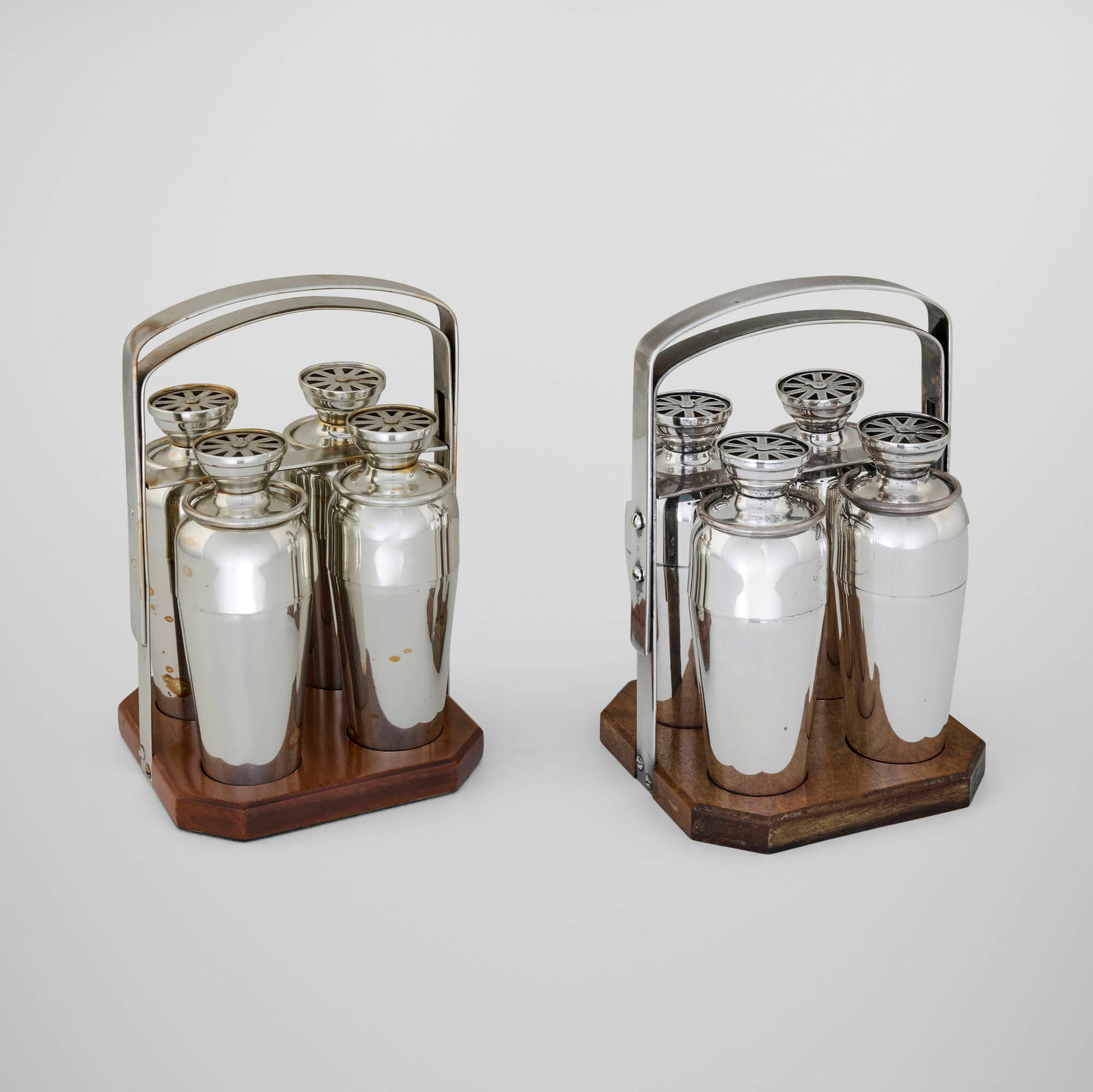 Napier Company, Foursome shaker sets, pair: Napier Company Foursome shaker sets, pair USA, c. 1934 silver-plated metal, wood stand: 9.25 h x 6 w x 6 d in (23 x 15 x 15 cm) shaker: 6.25 h x 2.5 dia in (16 x 6 cm) Impressed manufacturer