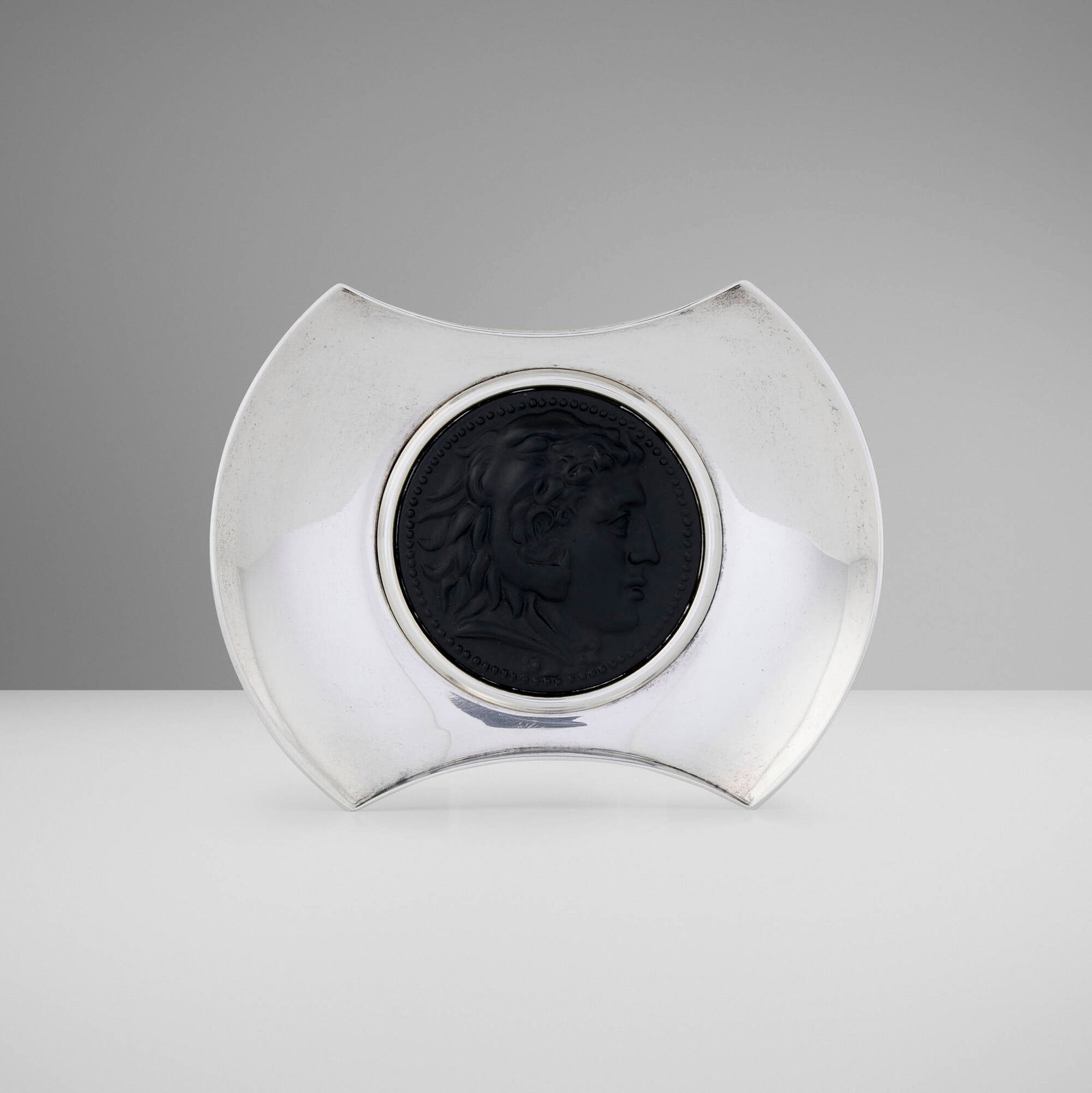 Bulgari, Catchall with Alexander the Great medallion: Bulgari Catchall with Alexander the Great medallion Italy, c. 1985 sterling silver, patinated bronze 0.75 h x 5.625 w x 4.375 d in (2 x 14 x 11 cm) Impressed manufacturer's mark to side an