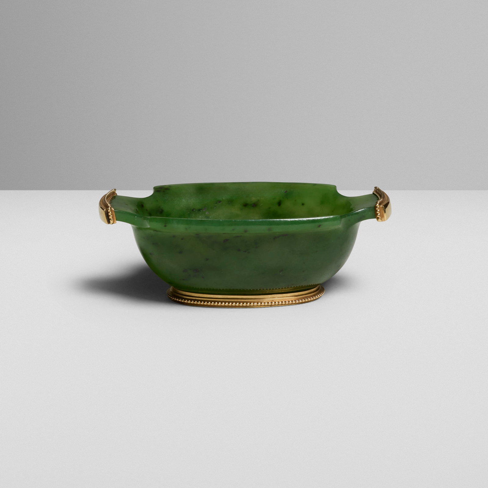 Russian, Dish: Russian Dish 20th century nephrite, 14k yellow gold 1.125 h x 3.25 w x 2.125 d in (3 x 8 x 5 cm) Impressed maker's mark of Karl Faberge with Russian hallmark to underside of each handle and
