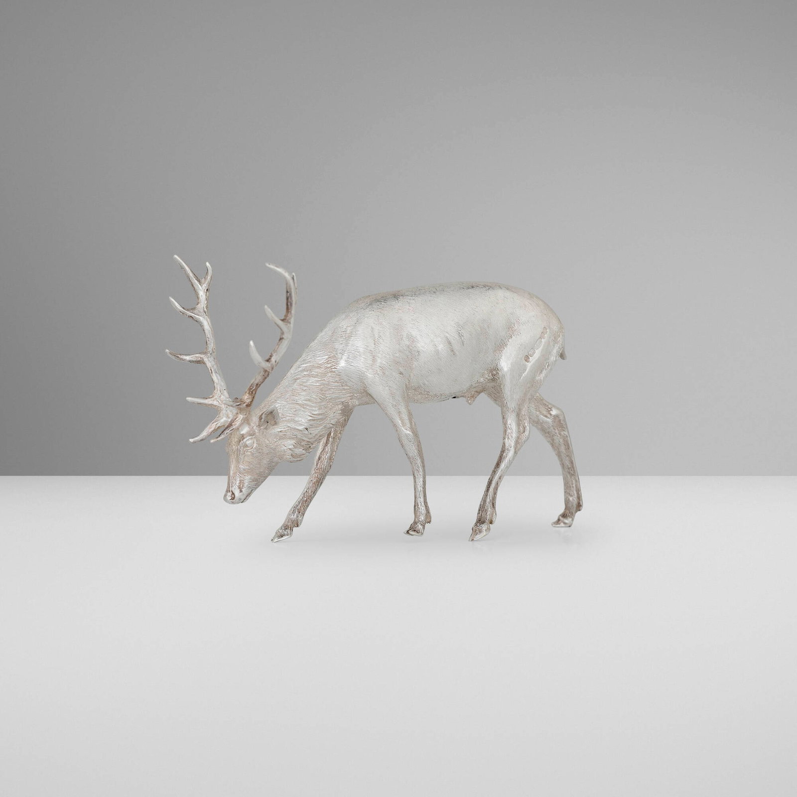 Asprey & Garrard Limited, Elizabeth II stag figurine: Asprey & Garrard Limited Elizabeth II stag figurine London, United Kingdom, 1999 sterling silver 2.75 h x 2 w x 4.5 d in (7 x 5 x 11 cm) Impressed maker's mark to underside and side '