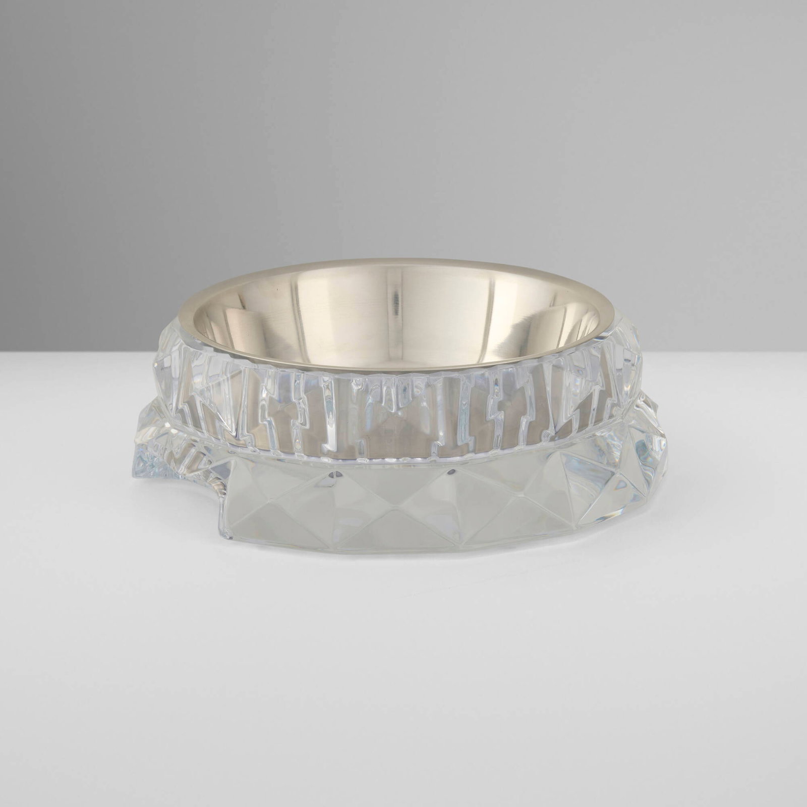 Baccarat, Louxor pet bowl: Baccarat Louxor pet bowl France, c. 2015 stainless steel, cut crystal, PVC 2.75 h x 8.5 w x 8.625 d in (7 x 22 x 22 cm) This work was designed by Thomas Bastide. Acid-etched manufacturer's mark