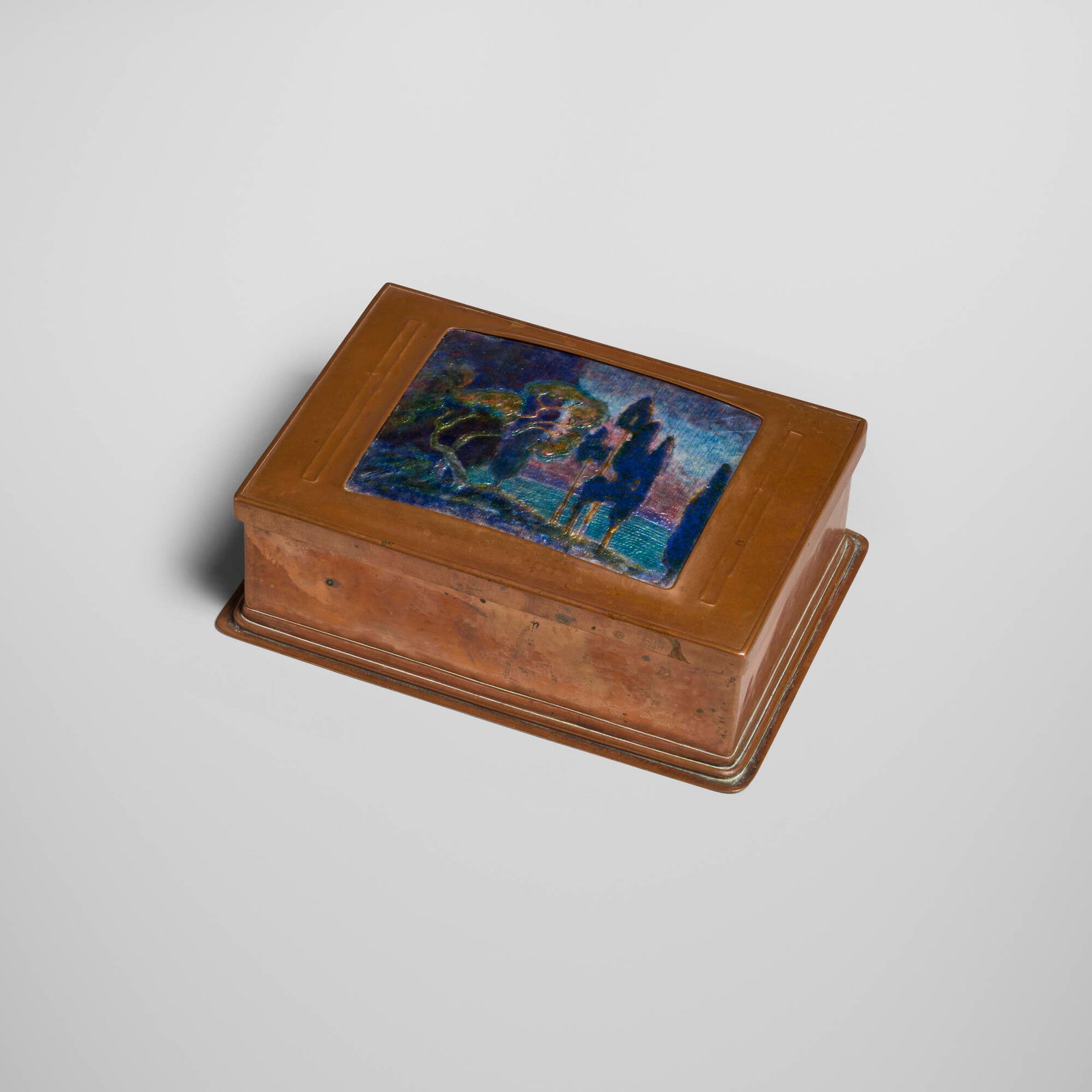 Frank J. Marshall, attribution, Lidded box with landscape: Frank J. Marshall, attribution Lidded box with landscape USA, c. 1910 copper, enamel 2.625 h x 6.875 w x 4.875 d in (7 x 17 x 12 cm) This work will ship from Lambertville, New Jersey.