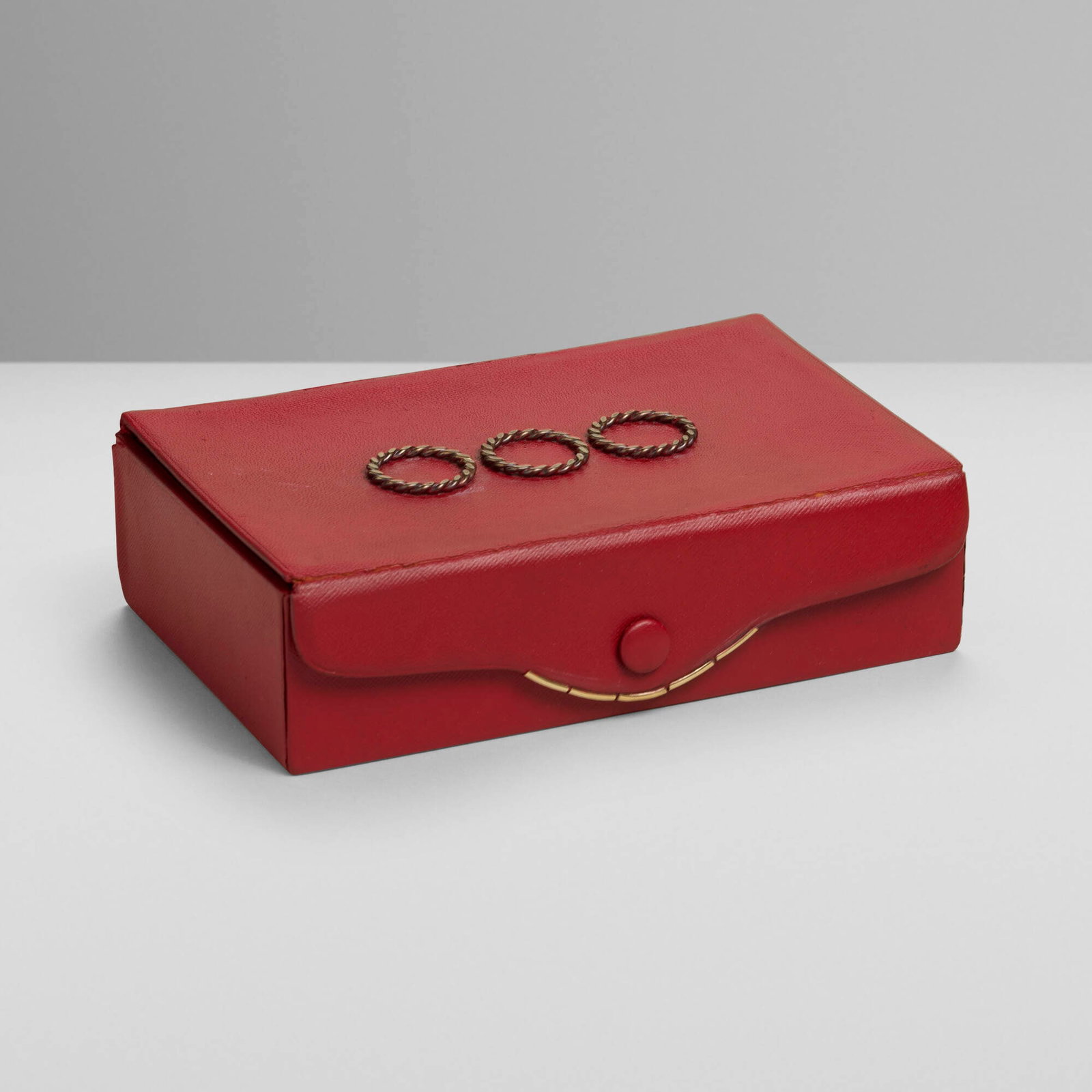 Puiforcat, Jewelry box: Puiforcat Jewelry box France, c. 1955 leather, brass, velvet, silver 2.25 h x 7.75 w x 5.375 d in (6 x 20 x 14 cm) Stamped manufacturer's mark to underside 'Puiforcat' and impressed