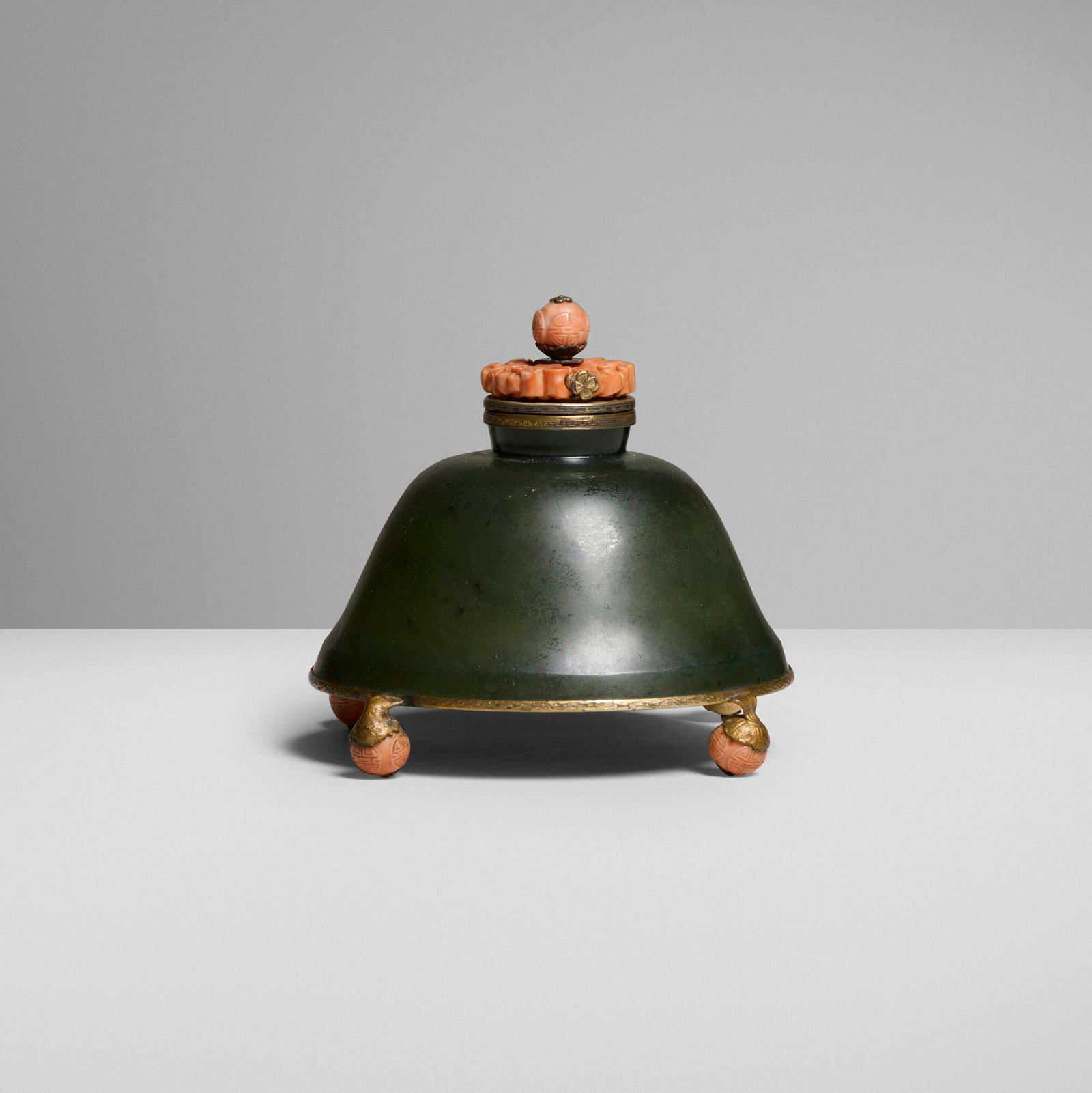 Edward I. Farmer, Chinoiserie inkwell: Edward I. Farmer Chinoiserie inkwell USA, c. 1930 sterling silver-gilt, bronze, hardstone, coral 4.125 h x 5.125 w x 5.25 d in (10 x 13 x 13 cm) Impressed signature to underside 'Edward I.