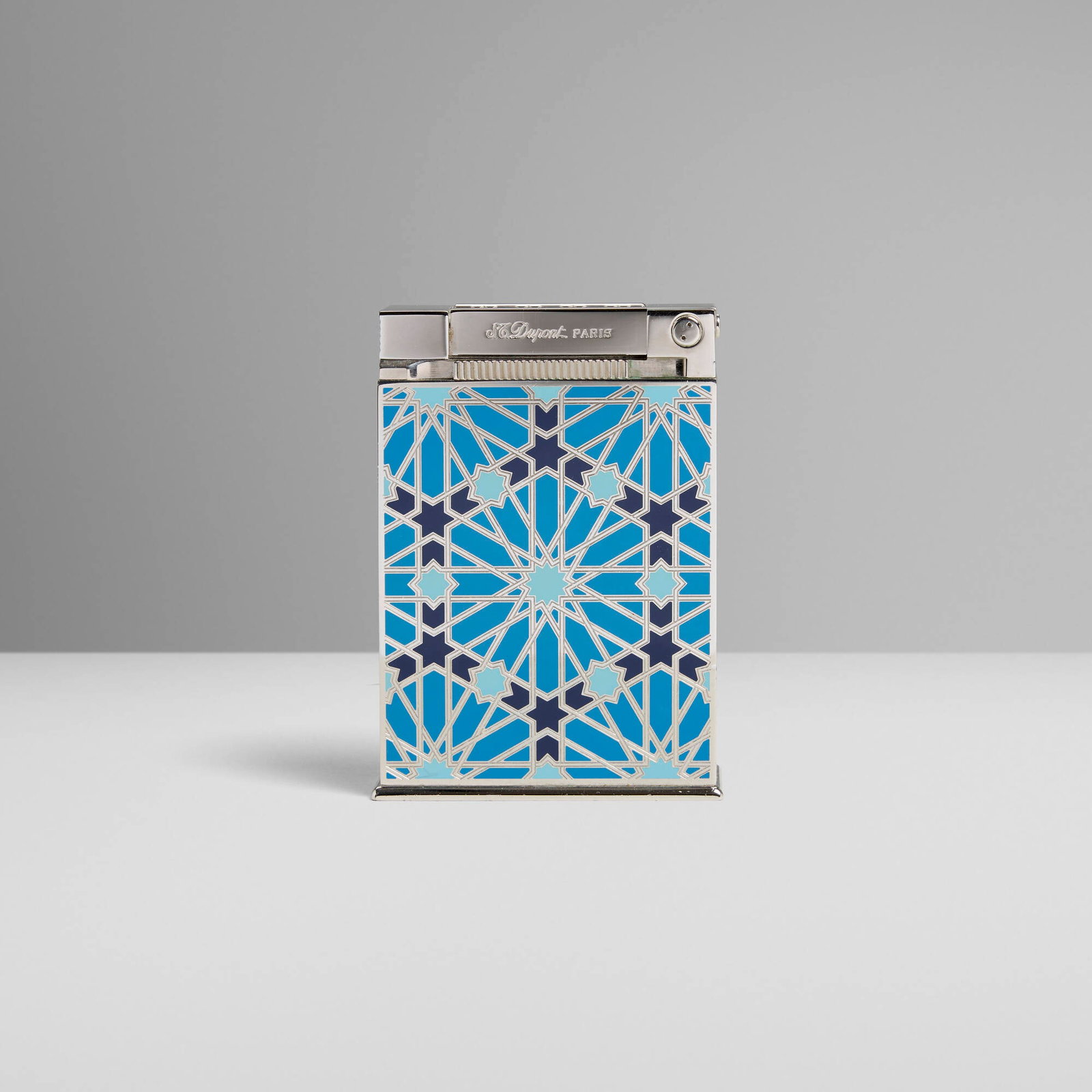 S.T. Dupont, Andalusia jeroboam table lighter: S.T. Dupont Andalusia jeroboam table lighter France, 2003 lacquer, chrome-plated metal, turquoise 4 h x 2.75 w x 1 d in (10 x 7 x 3 cm) Impressed manufacturer's mark and number '114/300