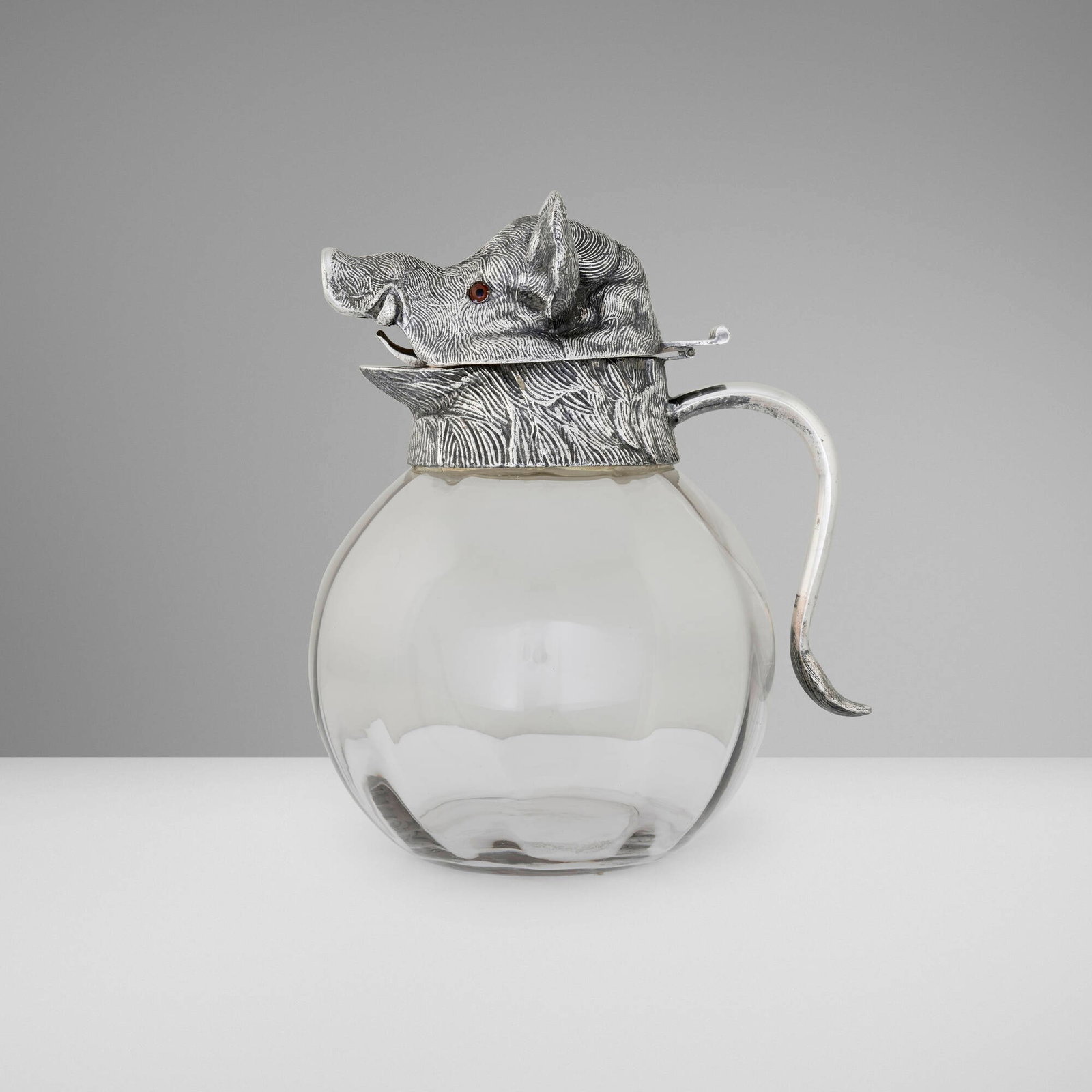 Valenti, Claret jug with boar's head lid: Valenti Claret jug with boar's head lid Spain, c. 1965 glass, silver-plated metal 11.5 h x 7.5 w x 9 d in (29 x 19 x 23 cm) Impressed manufacturer's mark to inside of handle 'Valenti'.