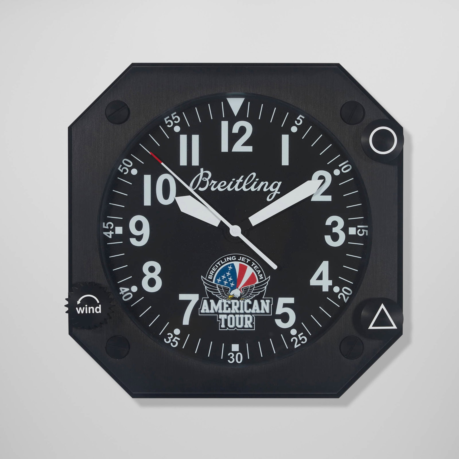 Breitling, American Tour retailer display wall clock: Breitling American Tour retailer display wall clock Switzerland, c. 2015 enameled metal, glass 14 h x 13.5 w x 13.5 d in (36 x 34 x 34 cm) Impressed manufacturer's mark to reverse