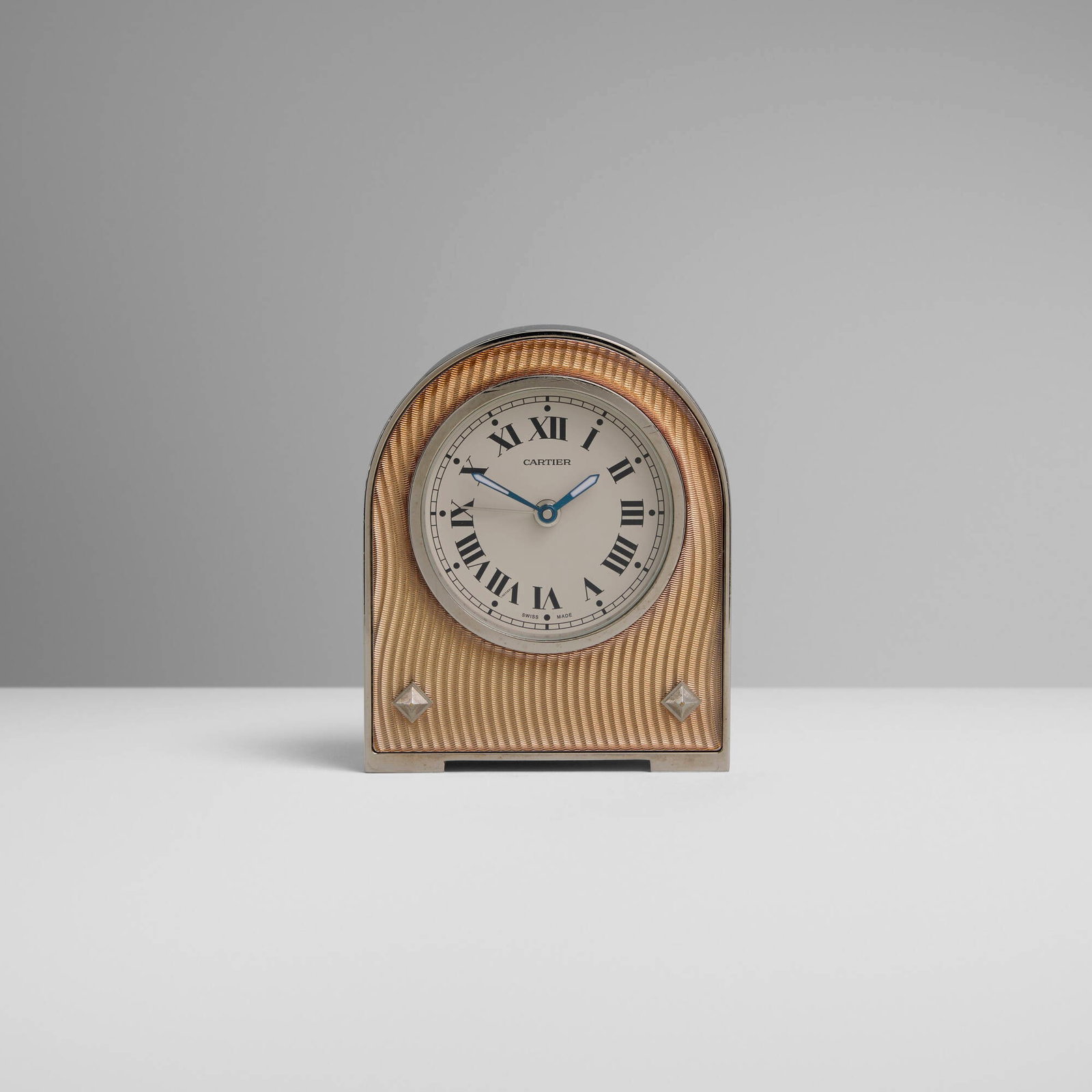 Cartier, Desk alarm clock: Cartier Desk alarm clock France / Switzerland, c. 2000 stainless steel, enameled metal, synthetic blue spinel 3.25 h x 2.75 w x 0.75 d in (8 x 7 x 2 cm) Printed manufacturer's mark to face