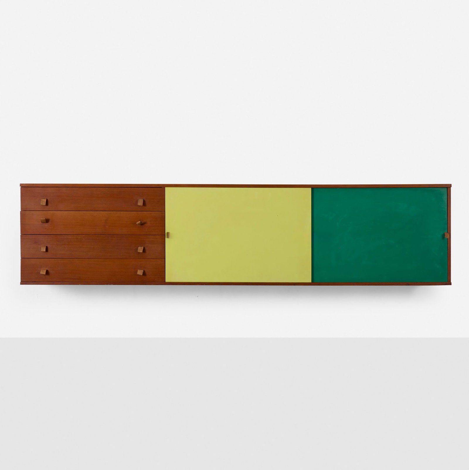 Harbo Solvsten, Wall-mounted cabinet: Harbo Solvsten Wall-mounted cabinet Denmark, c. 1955 pine, lacquered wood, leather, brass 19.875 h x 84.25 w x 16 d in (50 x 214 x 41 cm) Cabinet features four drawers and two sliding doors
