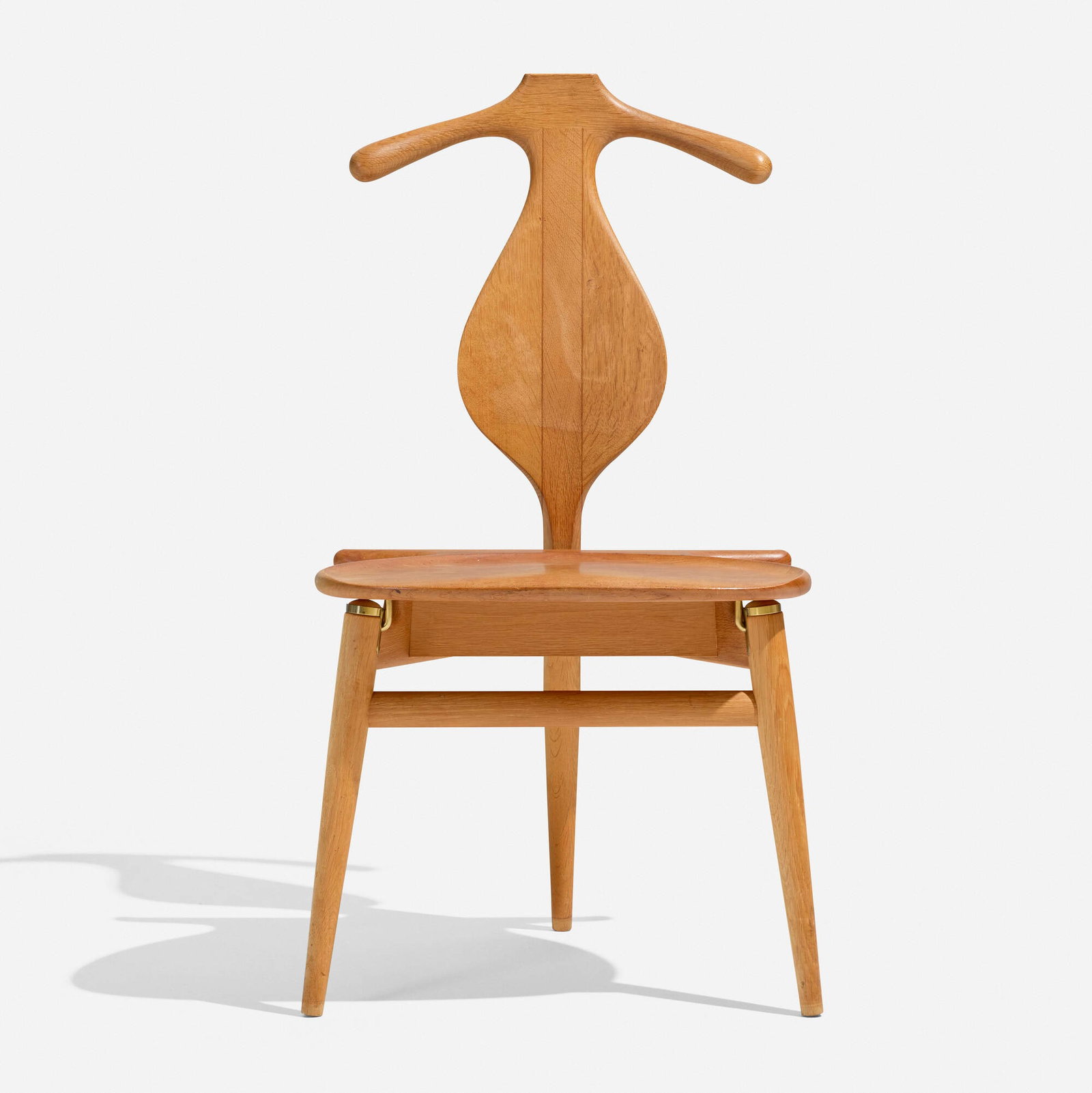 Hans J. Wegner, Valet chair: Hans J. Wegner Valet chair Johannes Hansen Denmark, 1953 teak, brass, leather 37.25 h x 19.5 w x 18.5 d in (95 x 50 x 47 cm) Branded manufacturer's mark to underside 'Johannes Hansen Copenhagen