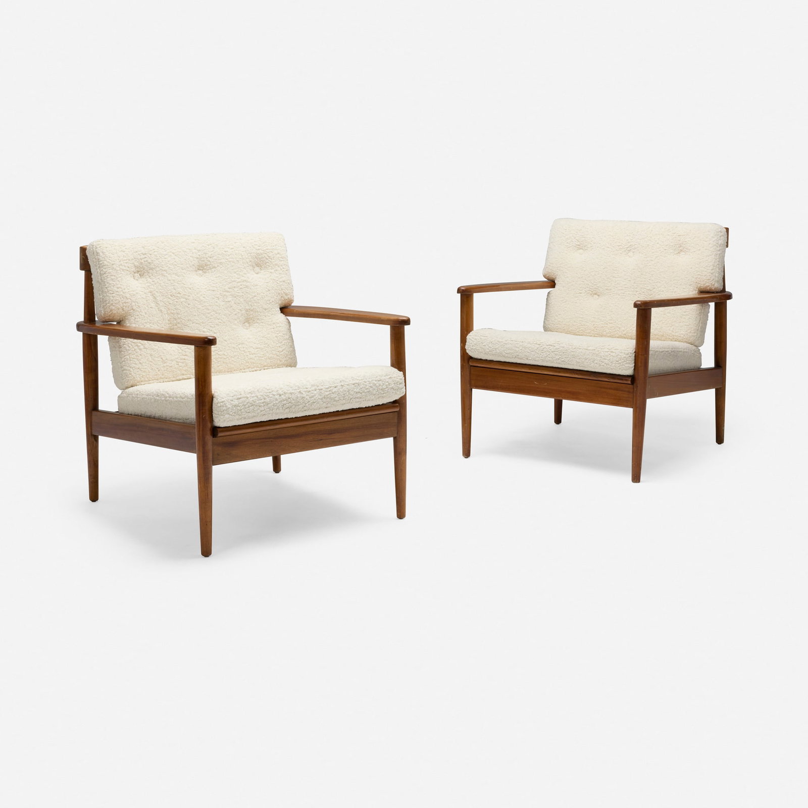 In the manner of Grete Jalk, Lounge chairs, pair: In the manner of Grete Jalk Lounge chairs, pair c. 1960 teak, faux sheepskin 28 h x 27.75 w x 32 d in (71 x 70 x 81 cm) This work will ship from Chicago, Illinois.