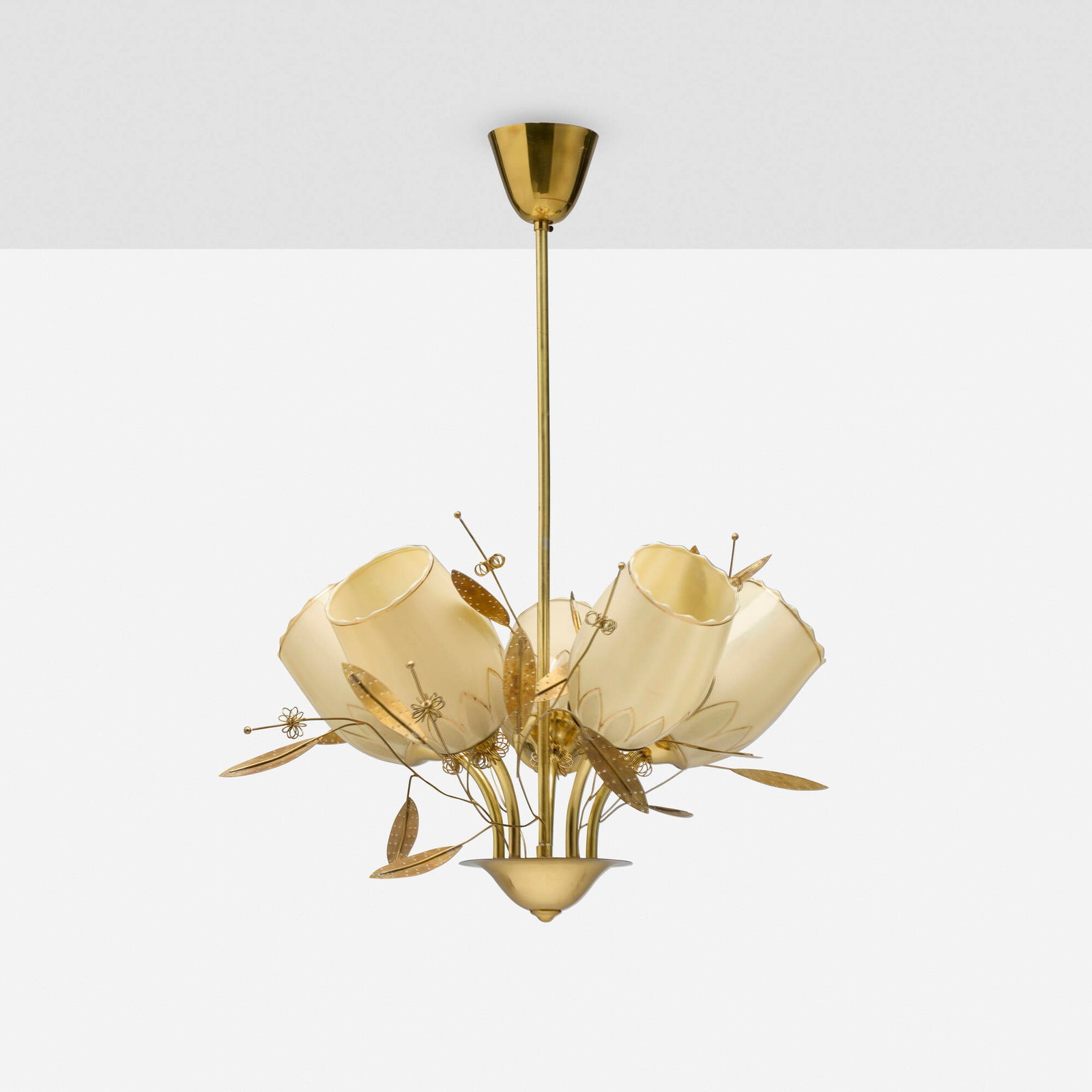 Itsu, Chandelier, model ER 110/5: Itsu Chandelier, model ER 110/5 Finland, c. 1956 brass, gilt and frosted glass 27.5 h x 19 dia in (70 x 48 cm) Impressed manufacturer's mark to mount 'Itsu'. Literature: Itsu Oy: Valaisinluettelo,