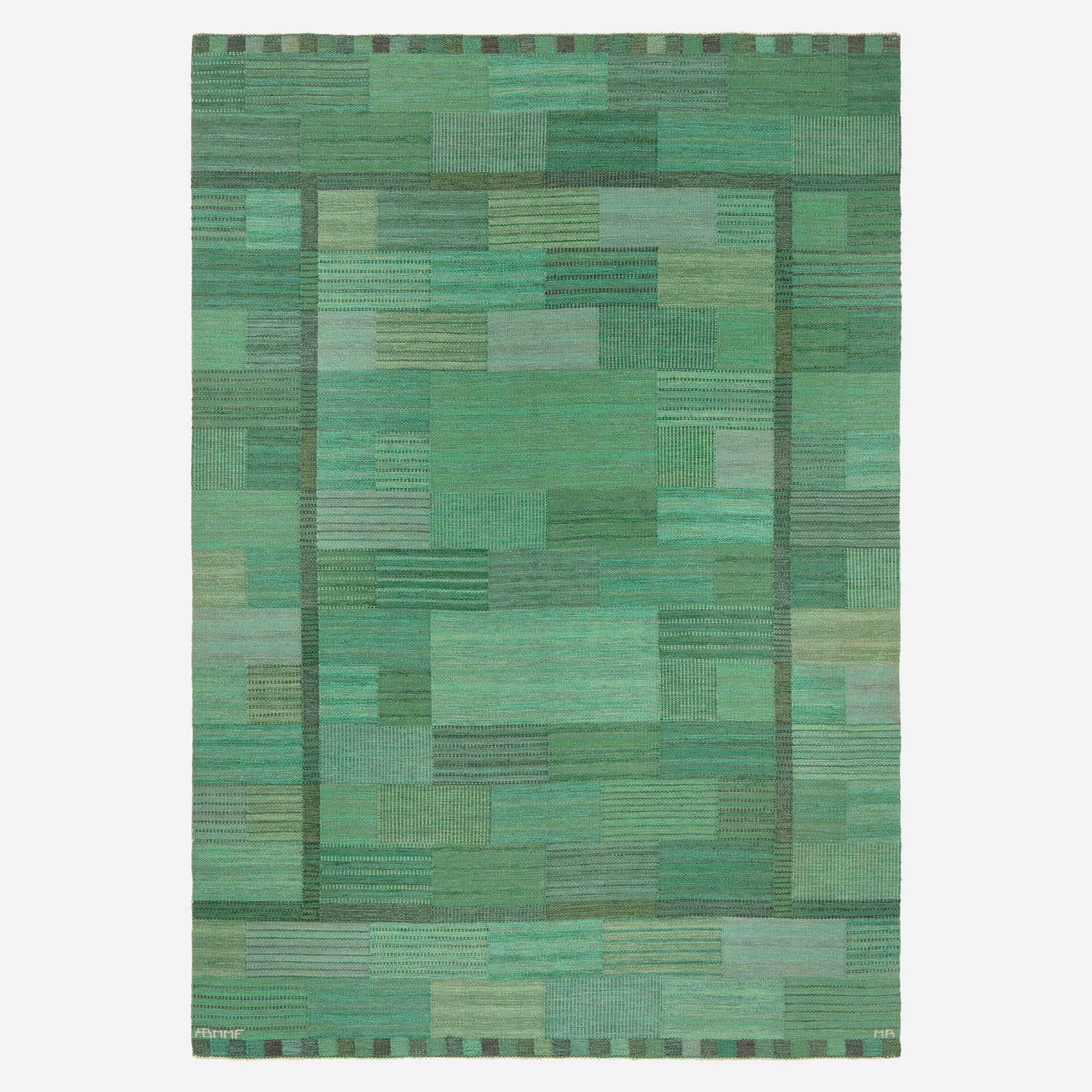 Marianne Richter, Flatweave carpet: Marianne Richter Flatweave carpet Marta Maas-Fjetterstrom AB Sweden, c. 1950 hand-woven wool 6'2" x 8'10" in (188 x 269 cm) Woven signature to corners 'AB MMF' and 'MR'