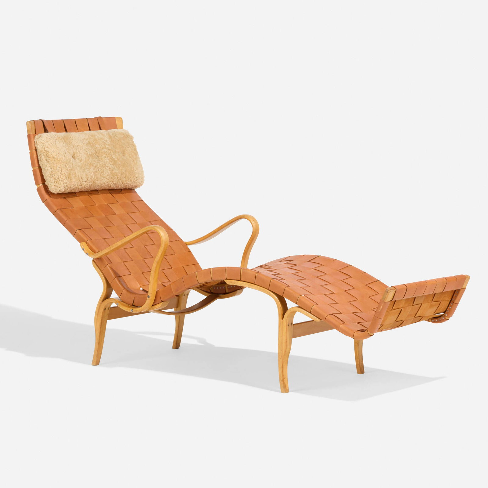 Bruno Mathsson, Pernilla 3 lounge chair: Bruno Mathsson Pernilla 3 lounge chair Firma Karl Mathsson Sweden, 1942 / 1965 leather, birch, sheepskin 35.75 h x 25.125 w x 89 d in (91 x 64 x 226 cm) Branded manufacturer's mark to