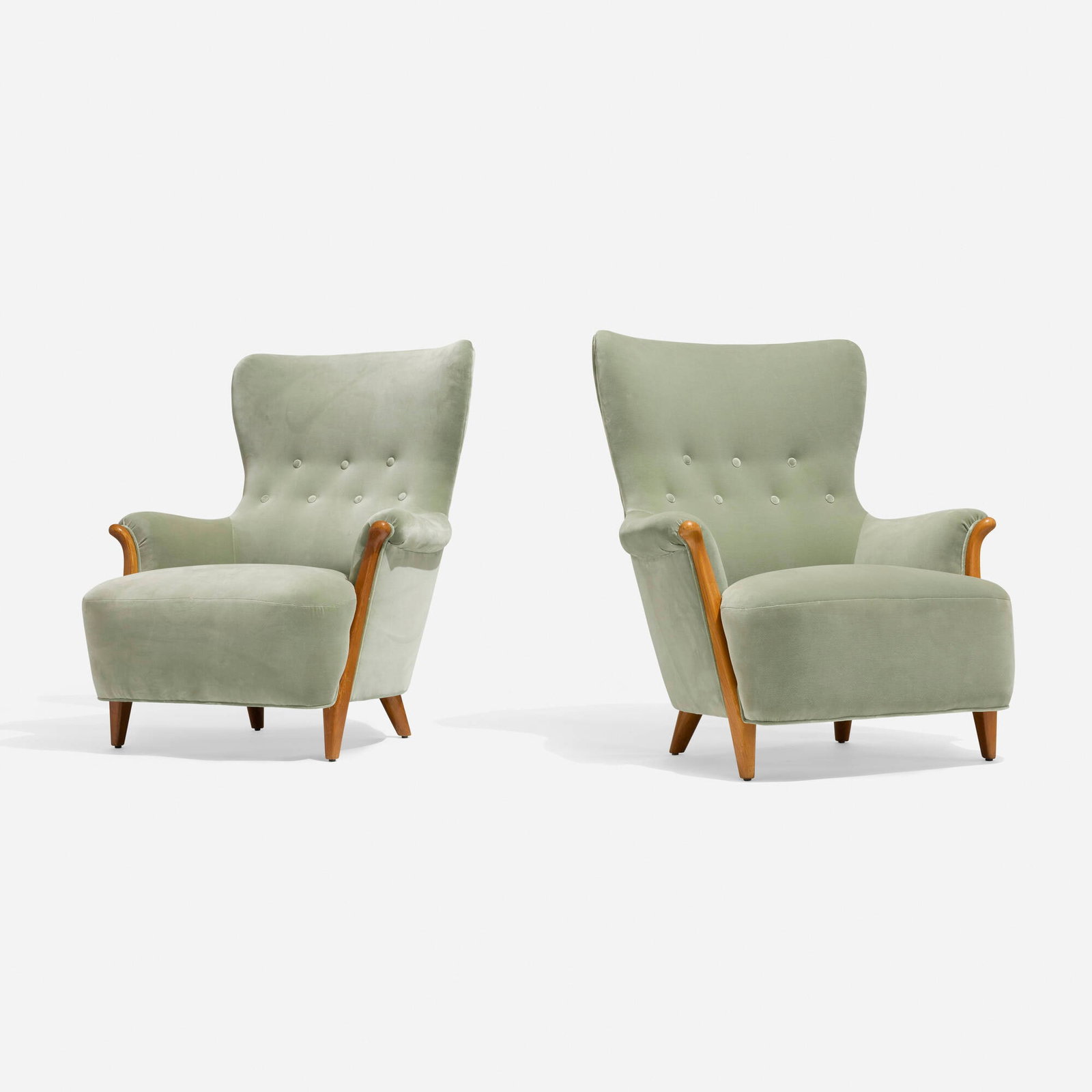 Gustaf Allert, Lounge chairs, pair: Gustaf Allert Lounge chairs, pair Svenska Hemslojdsforeningen Sweden, c. 1939 upholstery, walnut 37.75 h x 33.25 w x 32 d in (96 x 84 x 81 cm) This work will ship from Chicago, Illinois.