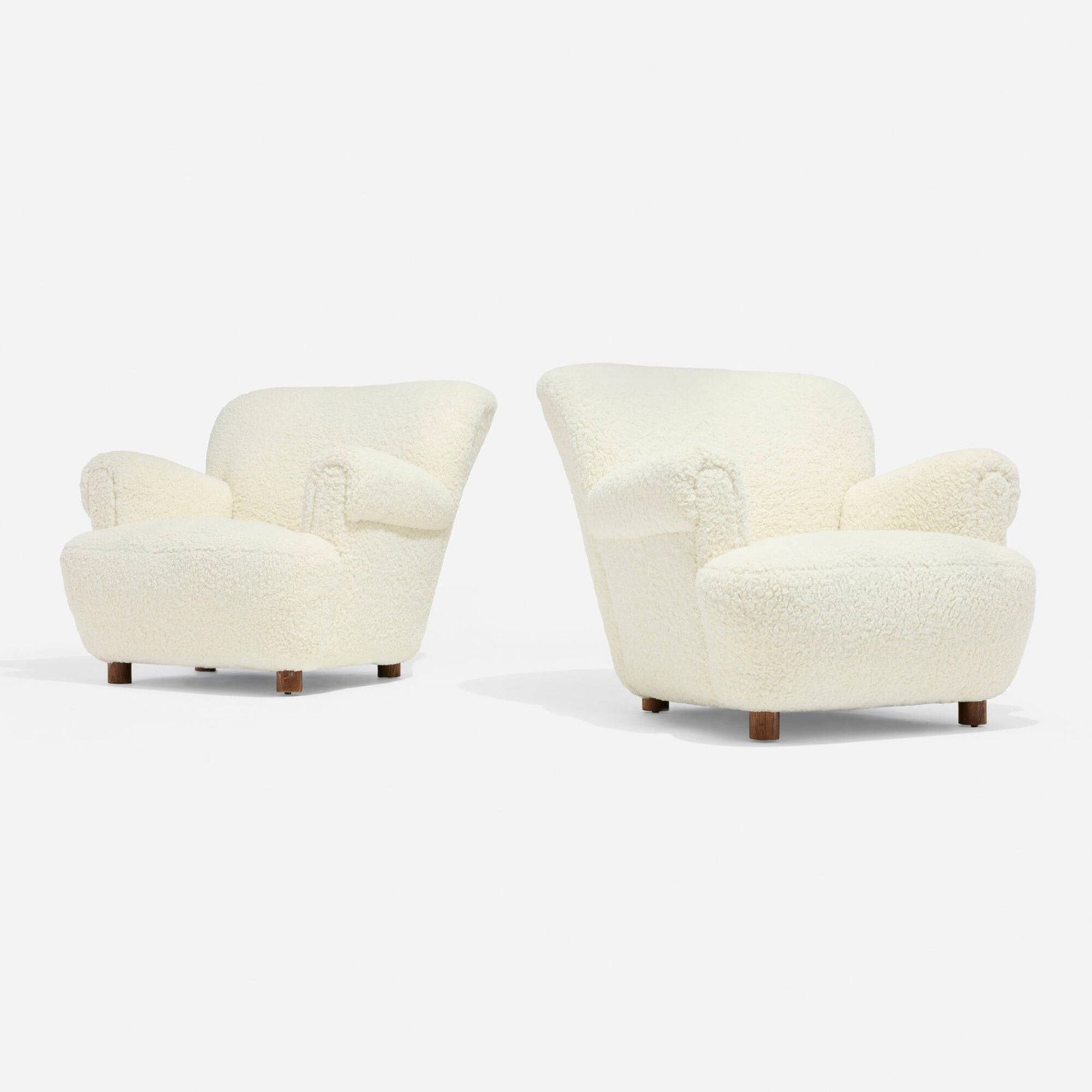 Mogens Lassen, attribution, Lounge chairs, pair: Mogens Lassen, attribution Lounge chairs, pair Denmark, c. 1940 upholstery, stained oak 29.25 h x 34.5 w x 29.5 d in (74 x 88 x 75 cm) This work will ship from Chicago, Illinois.