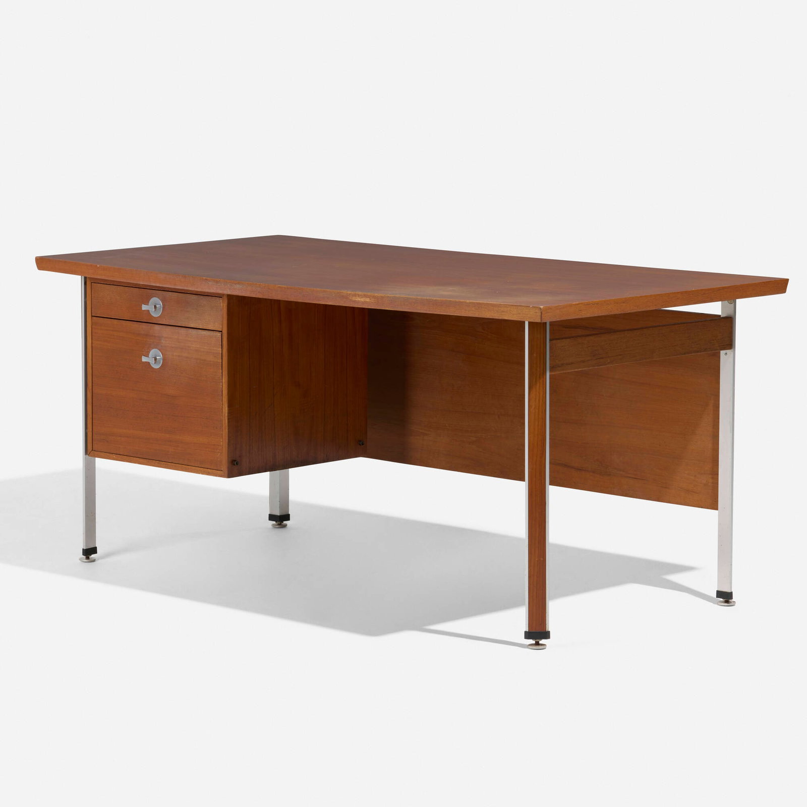 Finn Juhl, Desk: Finn Juhl Desk France & Son Denmark, c. 1960 teak, aluminum 28.5 h x 63 w x 31.375 d in (72 x 160 x 80 cm) Desk features two drawers. Metal manufacturer's label to underside 'FF France