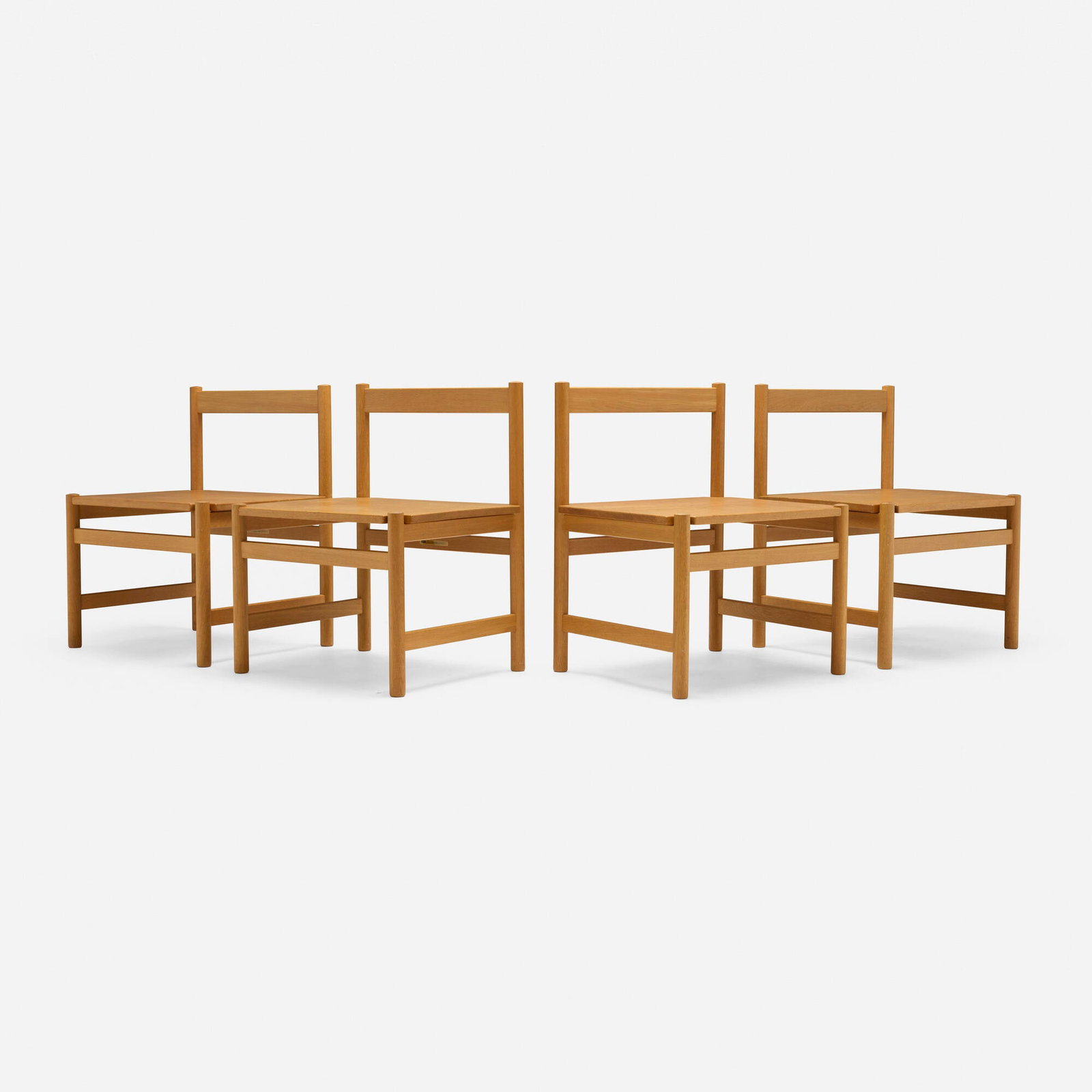 Hans J. Wegner, Chairs, set of four: Hans J. Wegner Chairs, set of four PP Mobler Denmark, c. 1995 oak 28.75 h x 23 w x 19 d in (73 x 58 x 48 cm) Decal manufacturer's label to underside of each example 'PP Mobler Danmark Design
