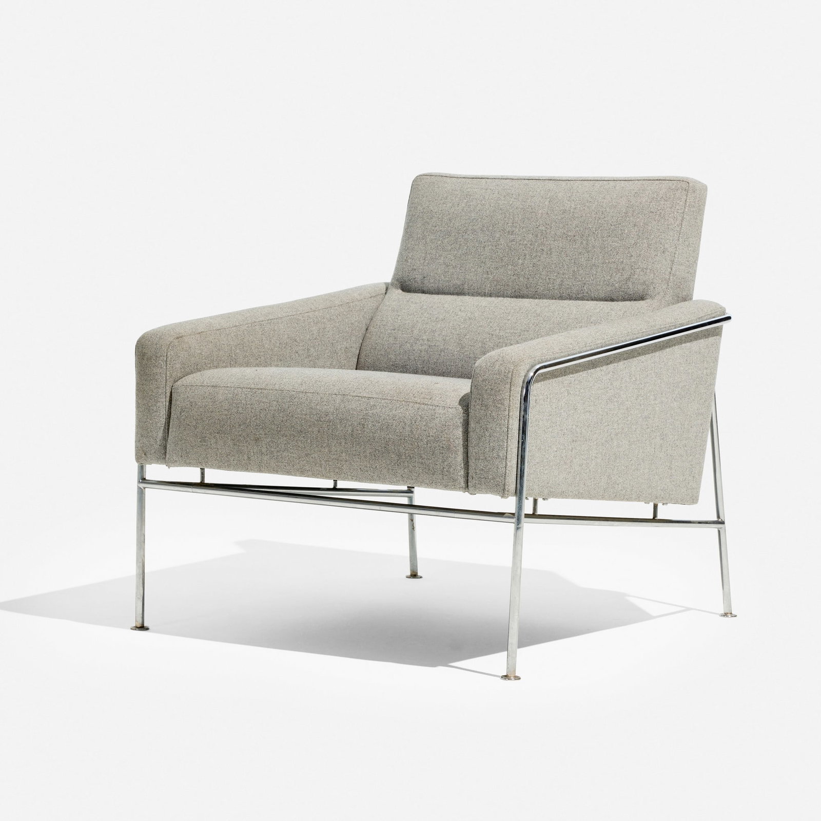 Arne Jacobsen, Lounge chair, model 3300: Arne Jacobsen Lounge chair, model 3300 Fritz Hansen Denmark, c. 1956 / late 20th century upholstery, stainless steel 28.75 h x 28 w x 29 d in (73 x 71 x 74 cm) Literature: Arne Jacobsen, Thau and