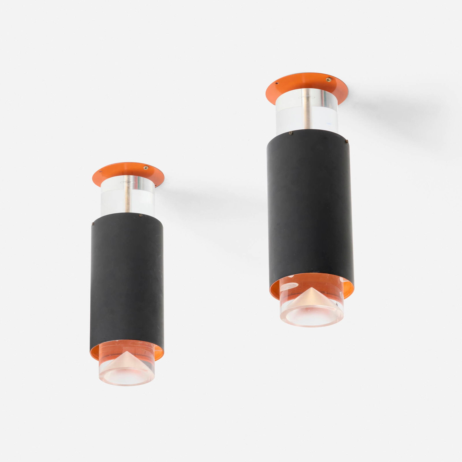 Simon Henningsen, Pendant lamps, pair: Simon Henningsen Pendant lamps, pair Lyfa Denmark, c. 1965 enameled steel, acrylic 17 h x 5.5 dia in (43 x 14 cm) This work will ship from Lambertville, New Jersey.
