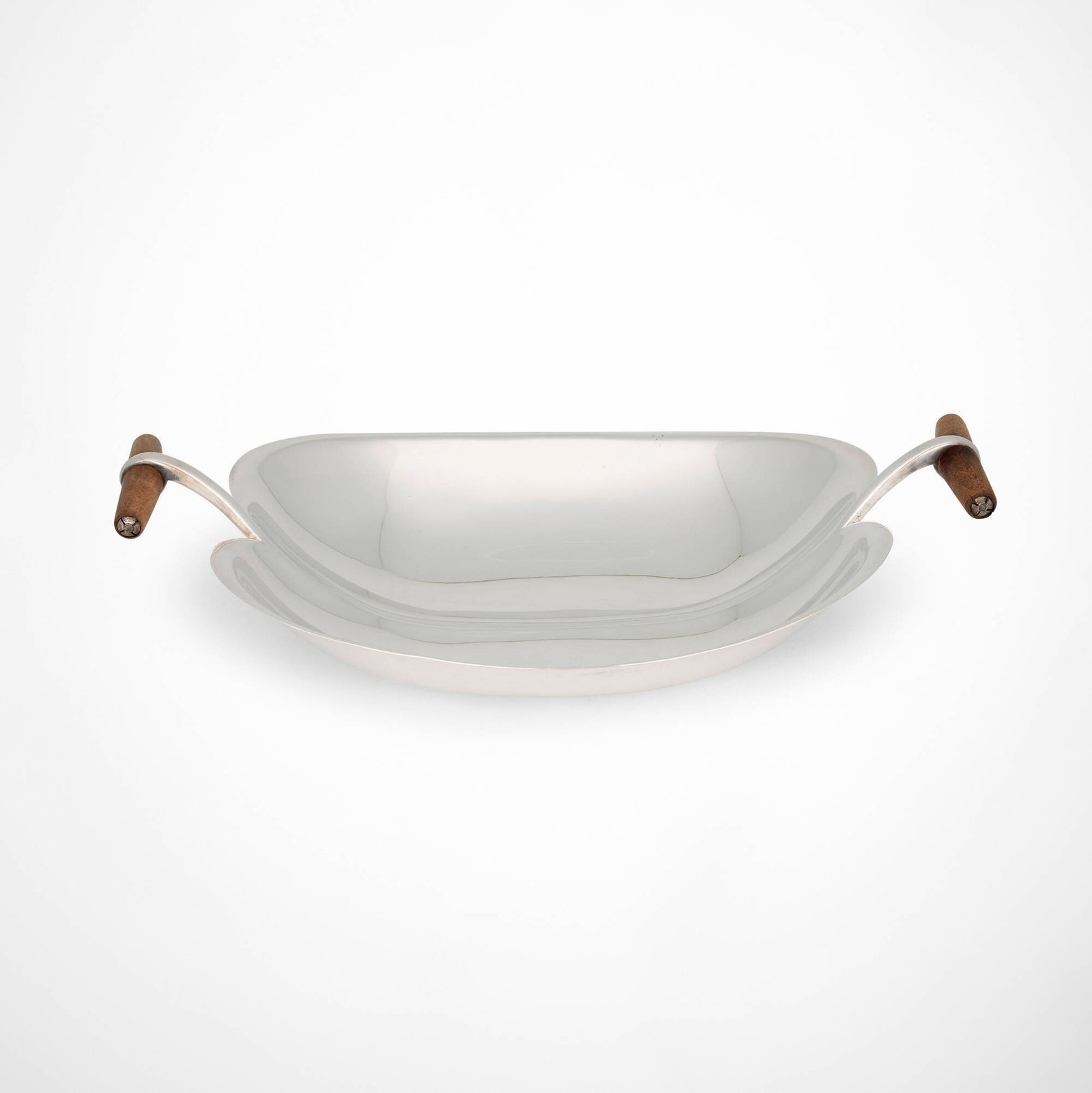 Tapio Wirkkala, Bread bowl, model TW 58: Tapio Wirkkala Bread bowl, model TW 58 Kultakeskus Oy Finland, 1955 / 1957 sterling silver, teak 2.5 h x 10.5 w x 7.25 d in (6 x 27 x 18 cm) Impressed manufacturer's mark and touchmarks to rim