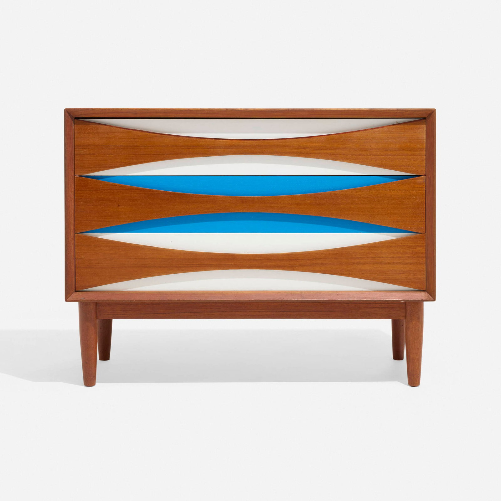 Danish Cabinetmaker, Cabinet: Danish Cabinetmaker Cabinet c. 1965 teak, lacquered teak 27 h x 35.5 w x 16 d in (69 x 90 x 41 cm) Cabinet features three drawers. This work will ship from Chicago, Illinois.
