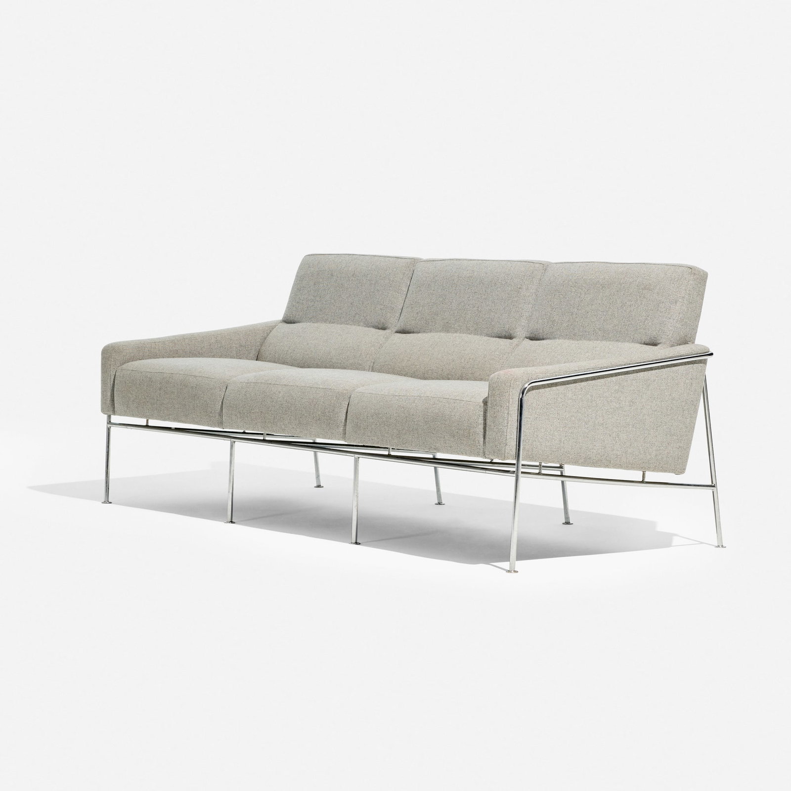 Arne Jacobsen, Sofa, model 3300: Arne Jacobsen Sofa, model 3300 Fritz Hansen Denmark, 1956 / late 20th century upholstery, stainless steel 28.5 h x 71 w x 29 d in (72 x 180 x 74 cm) Literature: Arne Jacobsen, Thau and Vindum, pg.