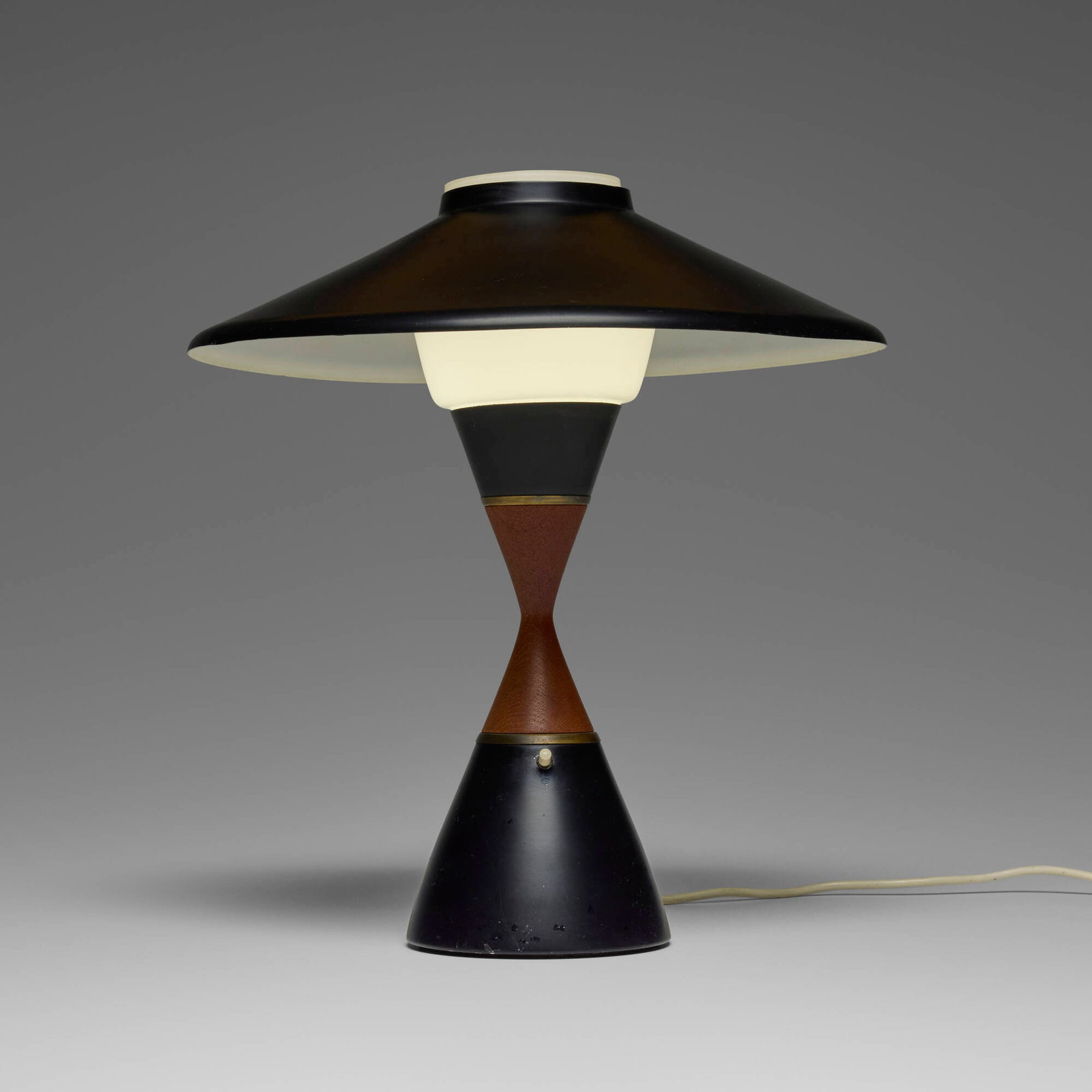 Svend Aage Holm-Sorensen, Table lamp: Svend Aage Holm-Sorensen Table lamp Holm Sorensen & Co. Denmark, c. 1955 lacquered aluminum, opal glass, teak 15.875 h x 14.625 dia in (40 x 37 cm) This work will ship from Chicago, Illinois.
