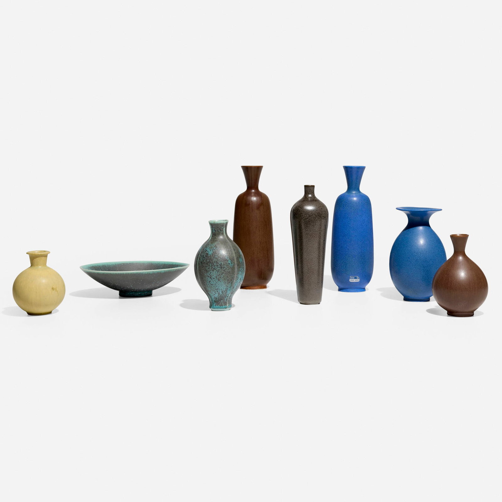 Berndt Friberg, Collection of eight vessels: Berndt Friberg Collection of eight vessels Gustavsberg Sweden, c. 1944-1965 glazed stoneware tallest: 9.25 h x 3 w x 2.5 d in (23 x 8 x 6 cm) shortest: 2.125 h x 8.25 w x 5.75 d in (5 x 21 x 15 cm)