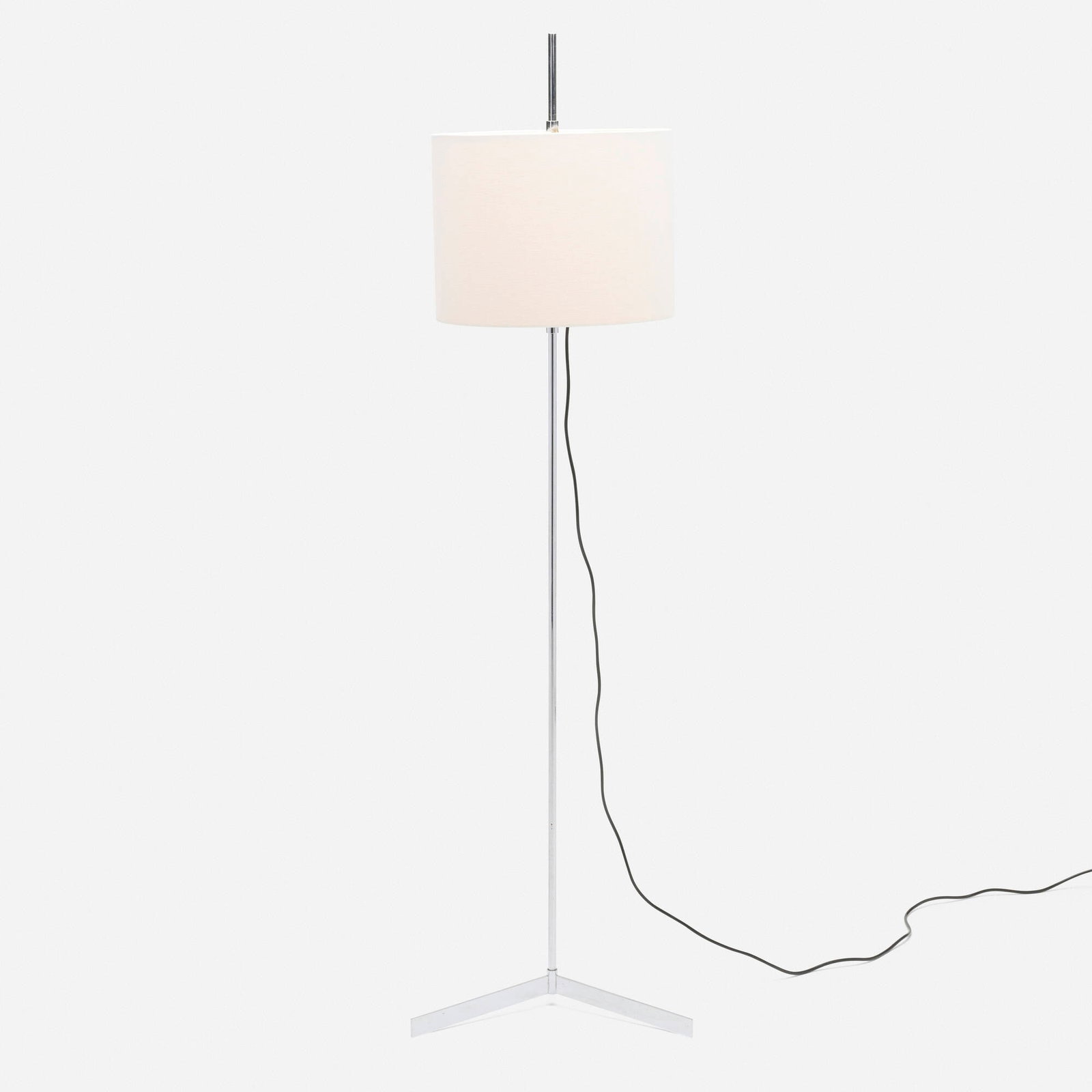 Svend Aage Holm-Sorensen, Floor lamp: Svend Aage Holm-Sorensen Floor lamp Holm Sorensen & Co. Denmark, c. 1950 chrome-plated steel, lacquered steel, linen shade 60.75 h x 14.5 dia in (154 x 37 cm) This work will ship from Chicago,