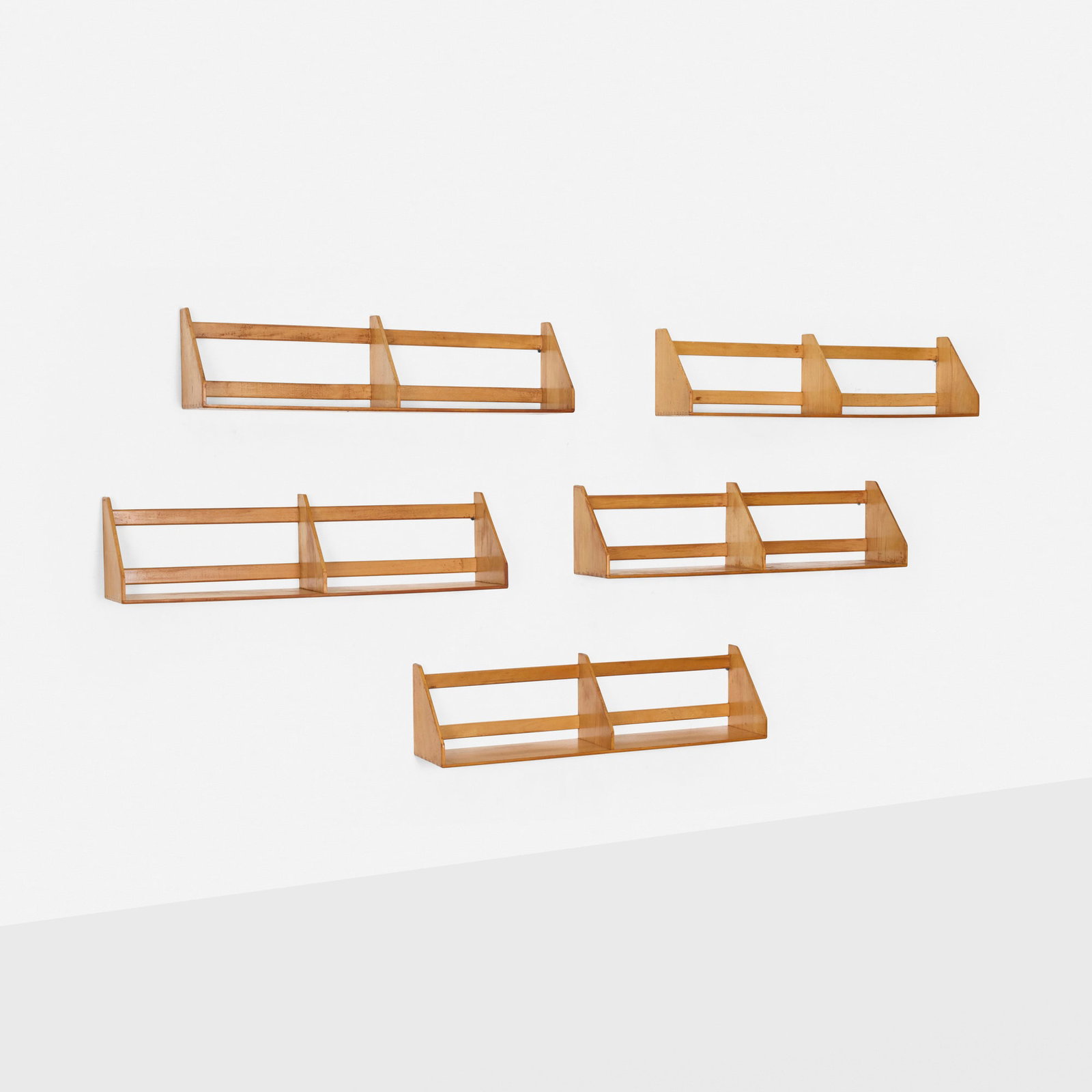 Borge Mogensen, Wall shelves, set of five: Borge Mogensen Wall shelves, set of five FDB Mobler Denmark, c. 1960 beech 9.875 h x 39.25 w x 8 d in (25 x 100 x 20 cm) This work will ship from Chicago, Illinois.