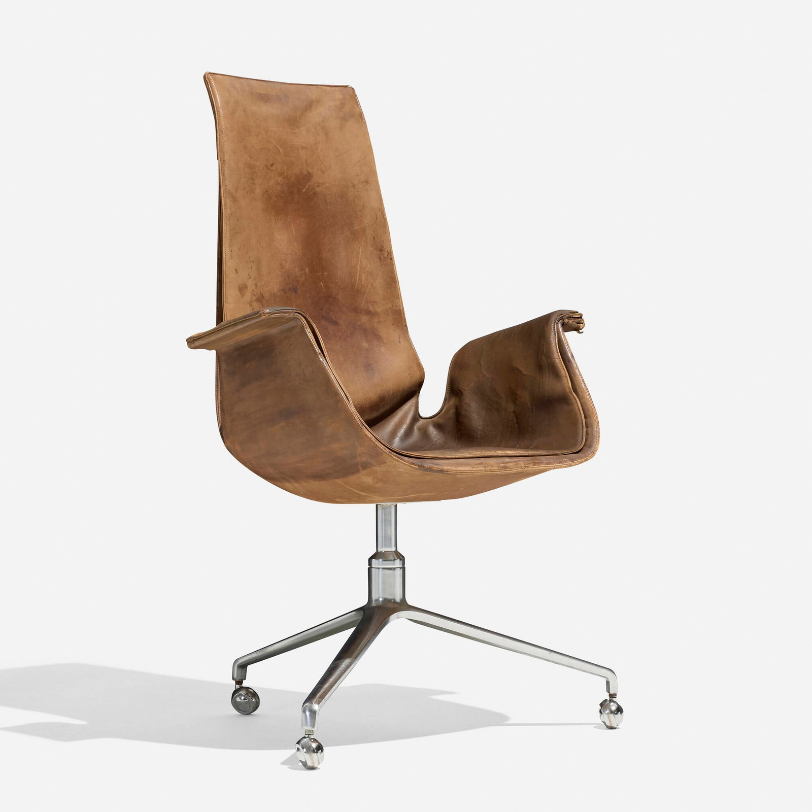 Preben Fabricius and Jorgen Kastholm, Tall Back Bird chair: Preben Fabricius and Jorgen Kastholm Tall Back Bird chair Alfred Kill International Denmark, c. 1970 leather, aluminum, casters 43 h x 28 w x 32 d in (109 x 71 x 81 cm) Decal manufacturer's