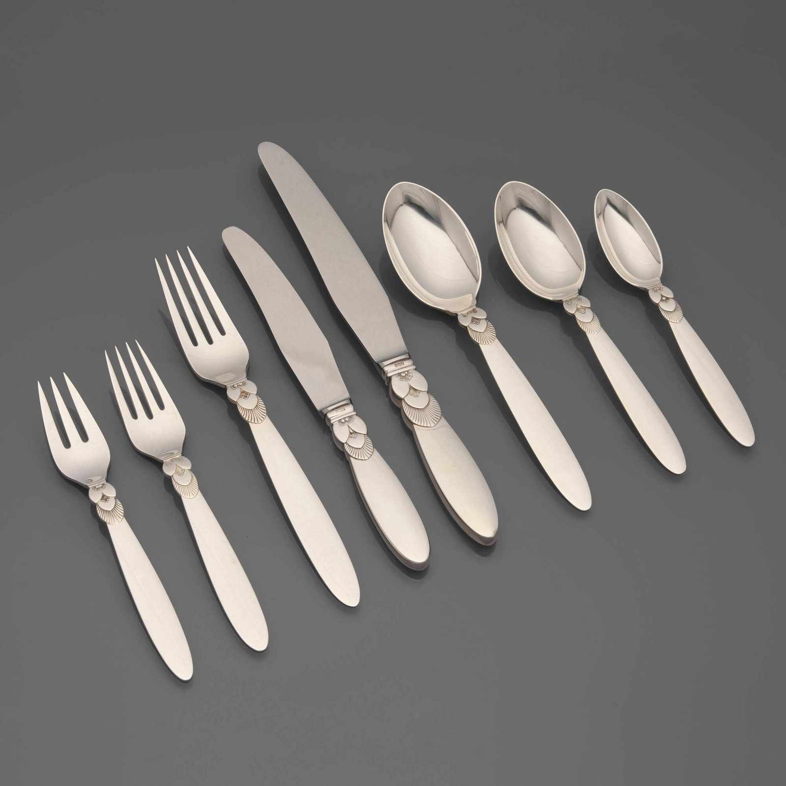 Gundorph Albertus, Cactus flatware service: Gundorph Albertus Cactus flatware service Georg Jensen Denmark, 1930 / c. 1930 - after 1945 sterling silver, stainless steel Eleven piece service for twelve, plus fourteen additional serving