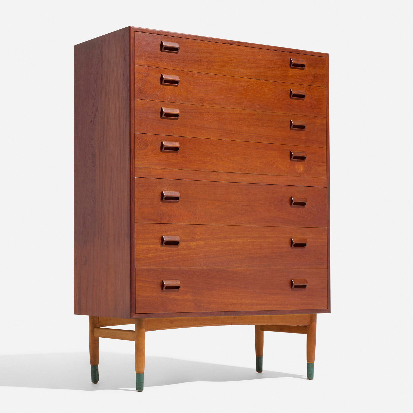Borge Mogensen, Tall dresser: Borge Mogensen Tall dresser Soborg Mobelfabrik Denmark, c. 1955 teak, beech 57.25 h x 39.25 w x 18.5 d in (145 x 100 x 47 cm) Dresser features seven drawers. This work will ship from Chicago,