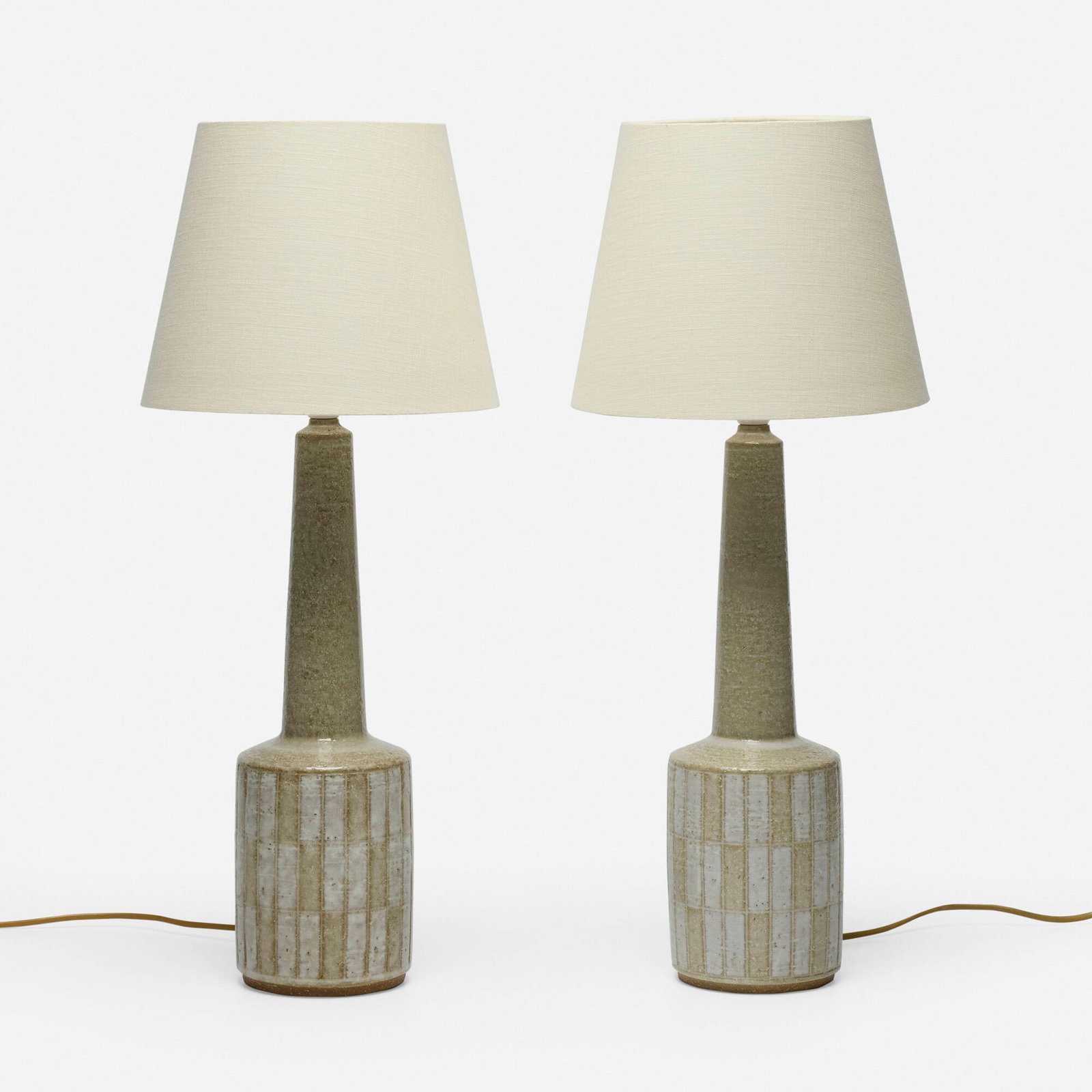 Per Linnemann-Schmidt, Table lamps, pair: Per Linnemann-Schmidt Table lamps, pair Palshus Denmark, c. 1960 glazed stoneware, linen shades 24.75 h x 10 dia in (63 x 25 cm) Incised signature to underside of each example 'PLS Palshus DL32