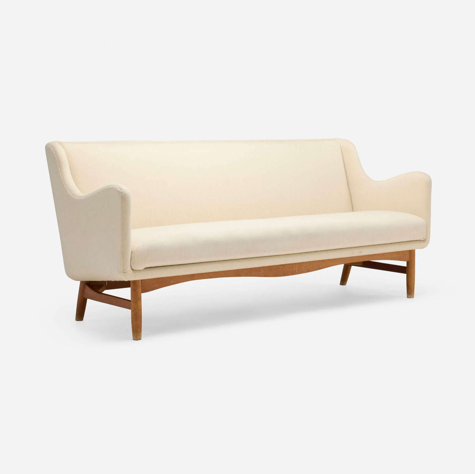Finn Juhl, Sofa: Finn Juhl Sofa Soren Willadsen Denmark, 1954 wool upholstery, oak 31.5 h x 72 w x 28 d in (80 x 183 x 71 cm) This work will ship from Chicago, Illinois.