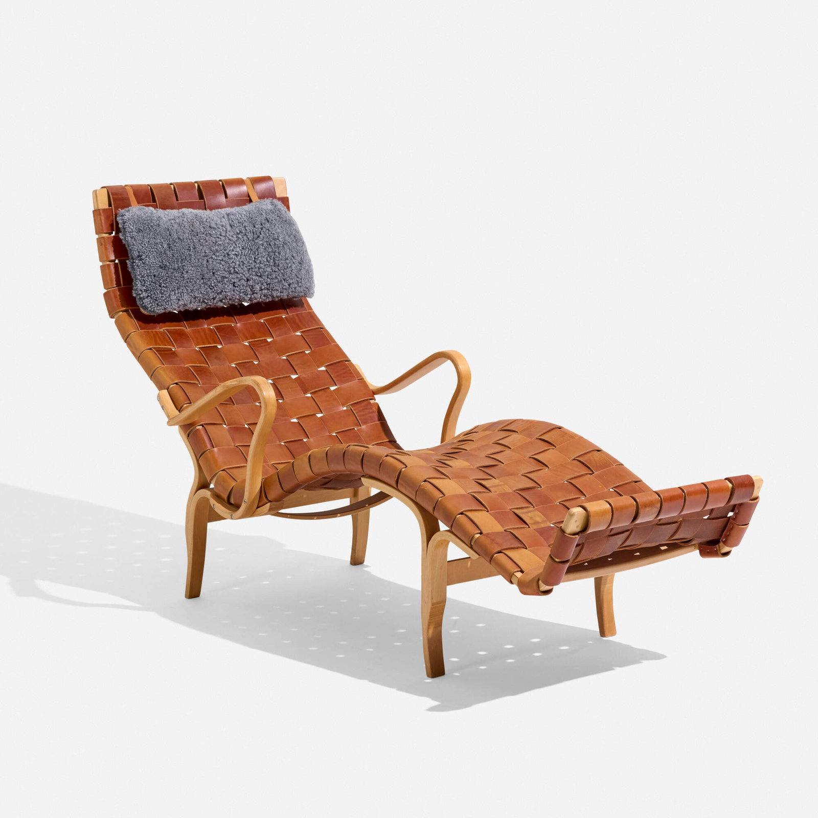 Bruno Mathsson, Pernilla 3 lounge chair: Bruno Mathsson Pernilla 3 lounge chair DUX Sweden, 1942 / c. 1970 leather, birch, sheepskin 36 h x 25 w x 64 d in (91 x 63 x 163 cm) Branded manufacturer's mark to underside 'Bruno Mathsson by DUX'.