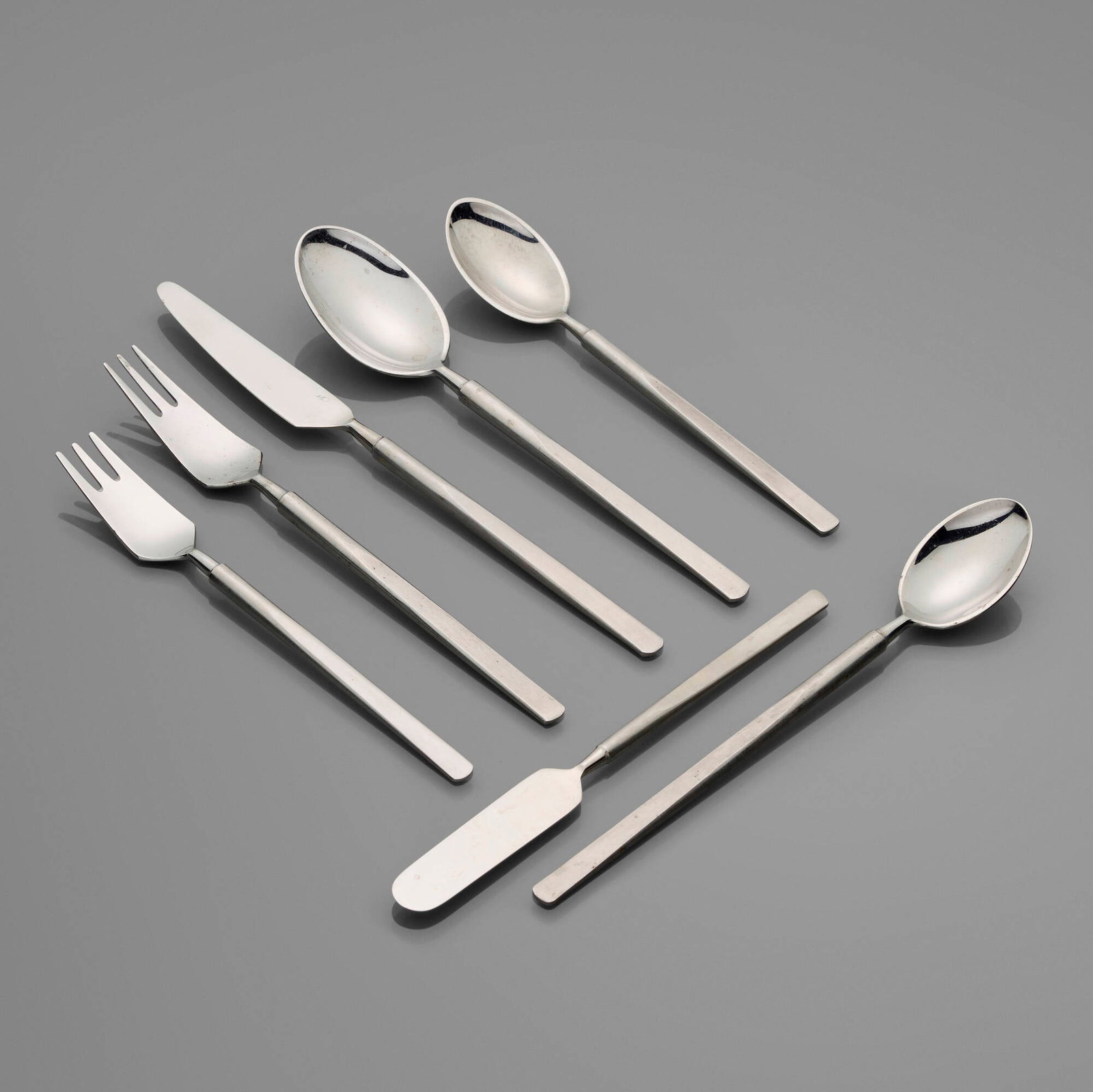 Erik Herlow, Obelisk flatware service: Erik Herlow Obelisk flatware service Copenhagen Cutlery Denmark, c. 1954 stainless steel Six-piece service for twelve, plus twenty-one additional utensils and three serving pieces; ninety-six pieces